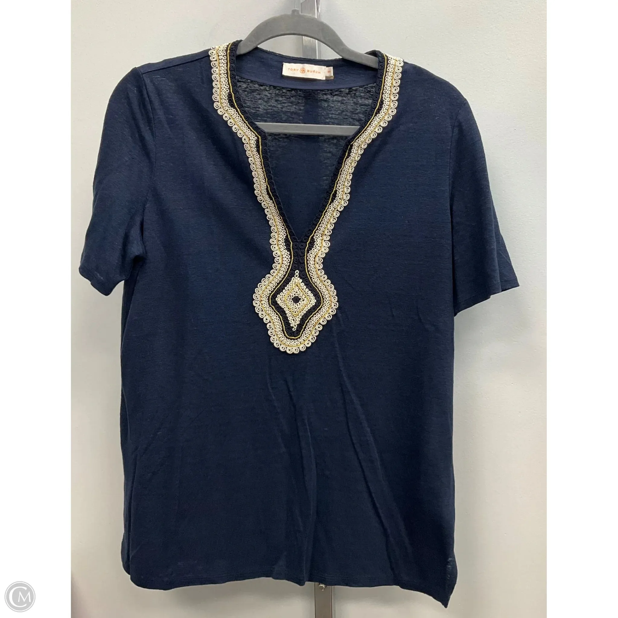 MultiFunctionalPockets Oversized Silhouette Top Short Sleeve Designer By Tory Burch In Navy, Size: M