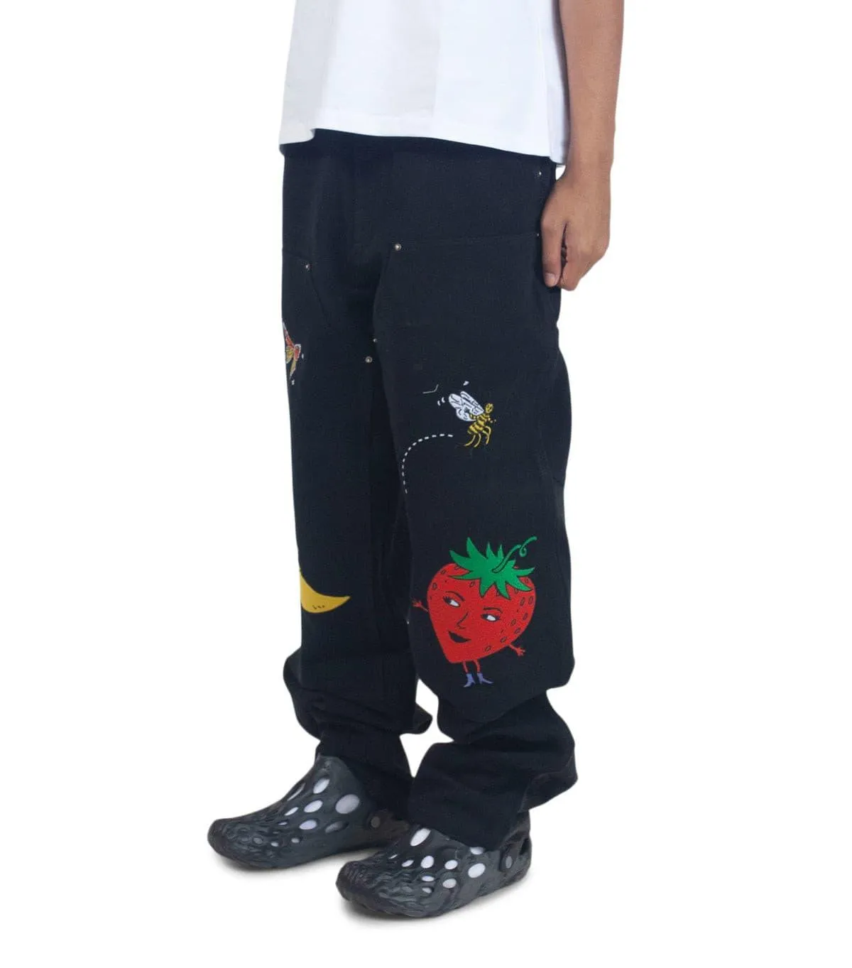 Sky High Farm Canvas Embroidered Workwear Pants Black SplitHemDesign TumbleDry Safe