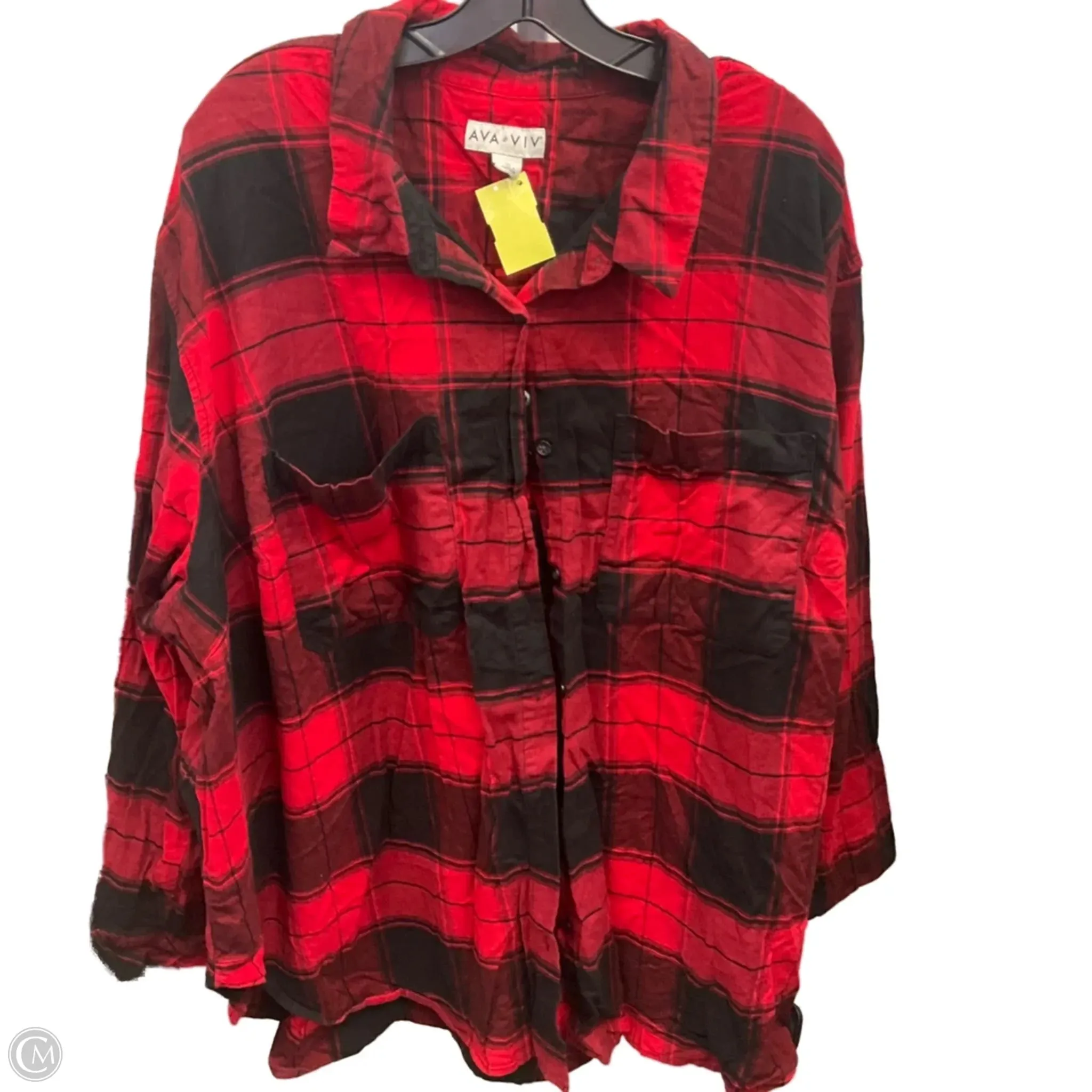 MeshVentilation Comfy Style Top Long Sleeve By Ava & Viv In Plaid Pattern, Size: 3x