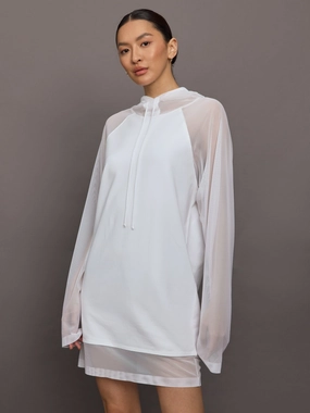 Oversized Raglan Sleeve hooded Mini Dress W Mesh - Snow White Lightweight Knit Comfort Fit Design