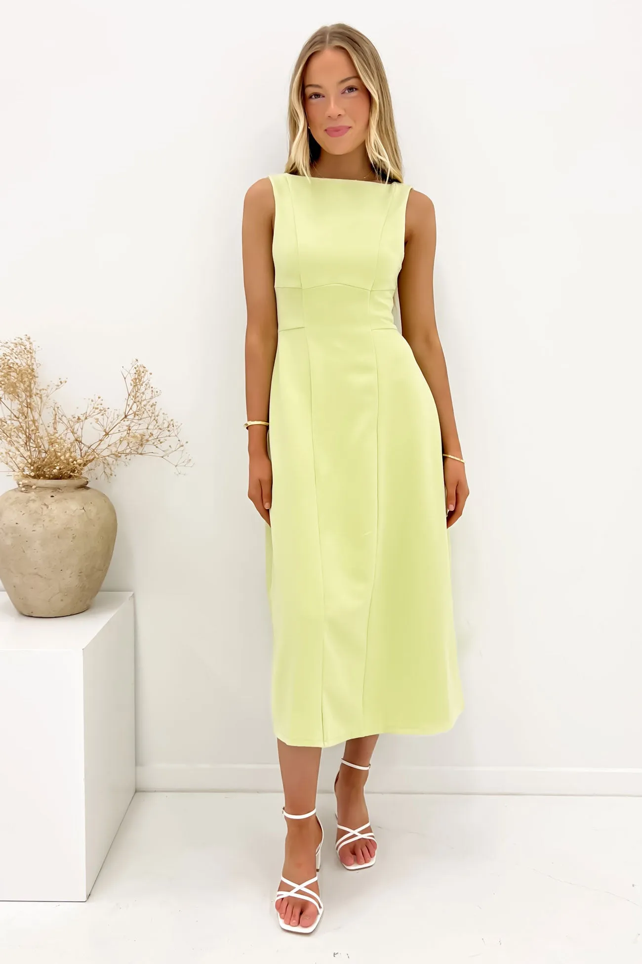 Briony Midi Dress Lime Airy Fabric Satin Layers