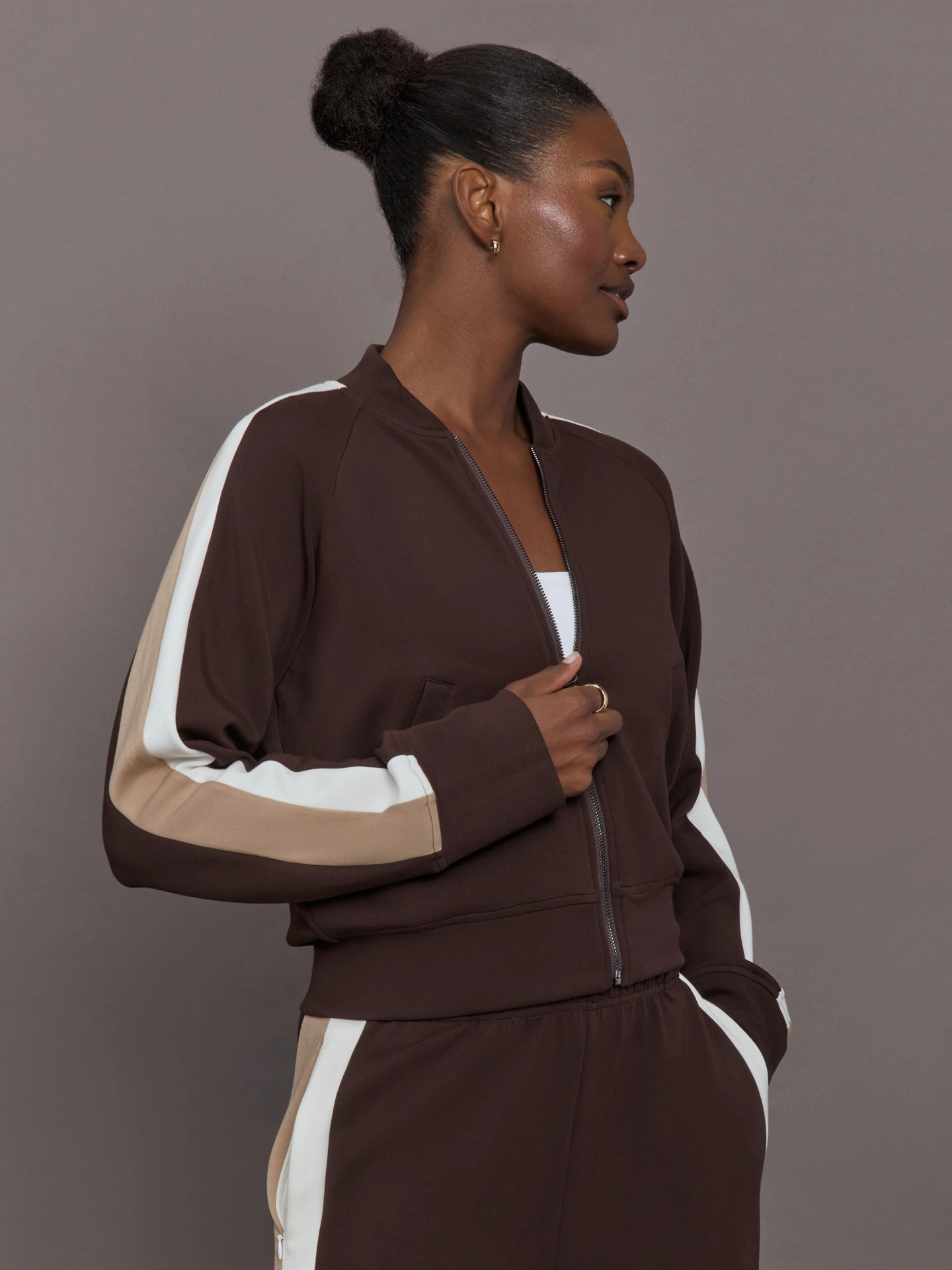 Bomber with Contrast Stripe in Scuba - Chocolate Torte Relaxed Silhouette Cozy Midweight Fabric