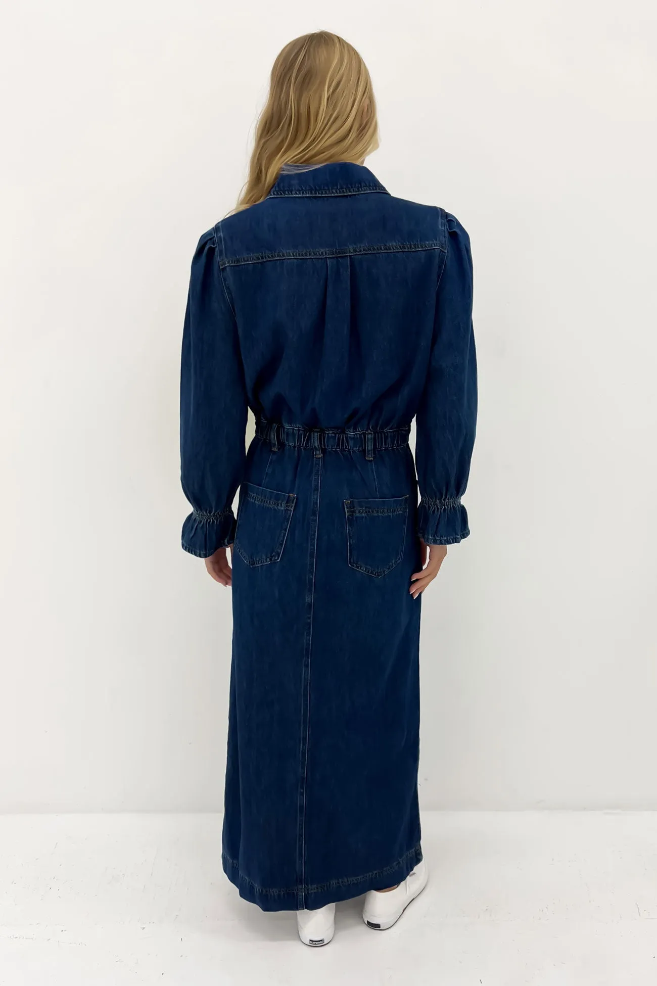 Lightweight warm-weather dress Photo Bright Macey Denim Maxi Dress Mid Blue