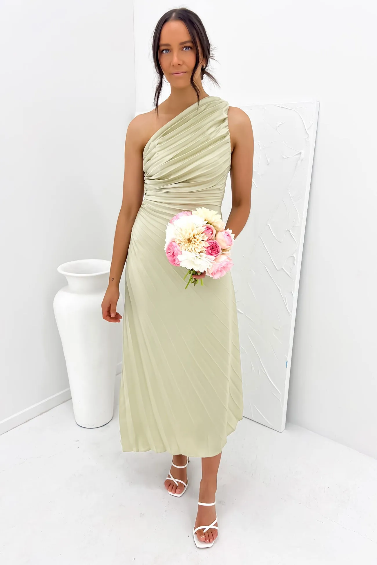 Caralee Midi Dress Sage Light Outfit Chic Layers