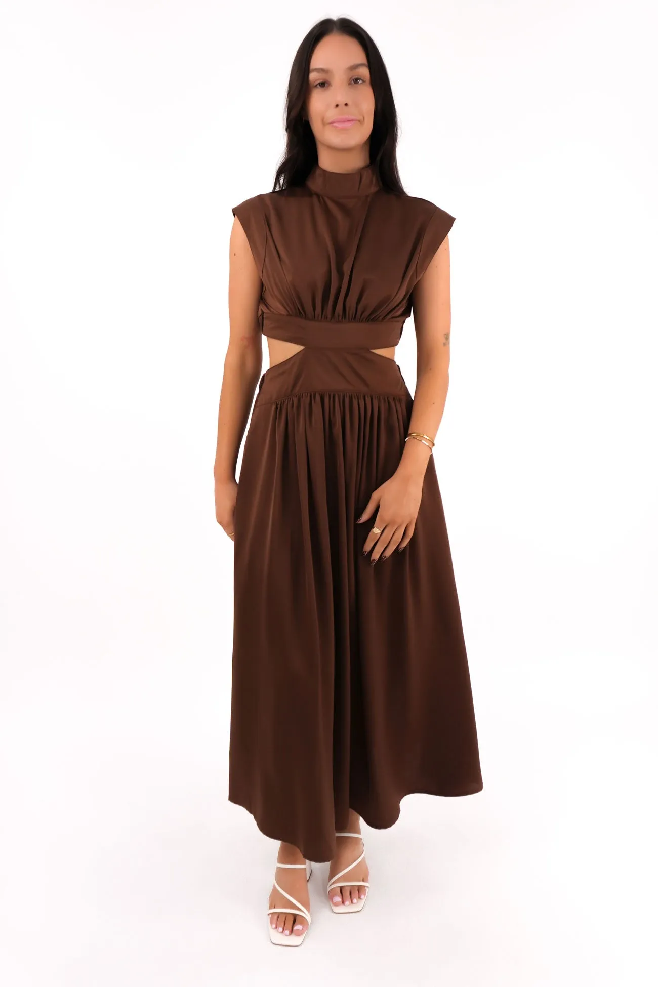 Trendy Tailoring Satin Finish Carmen Maxi Dress Chocolate