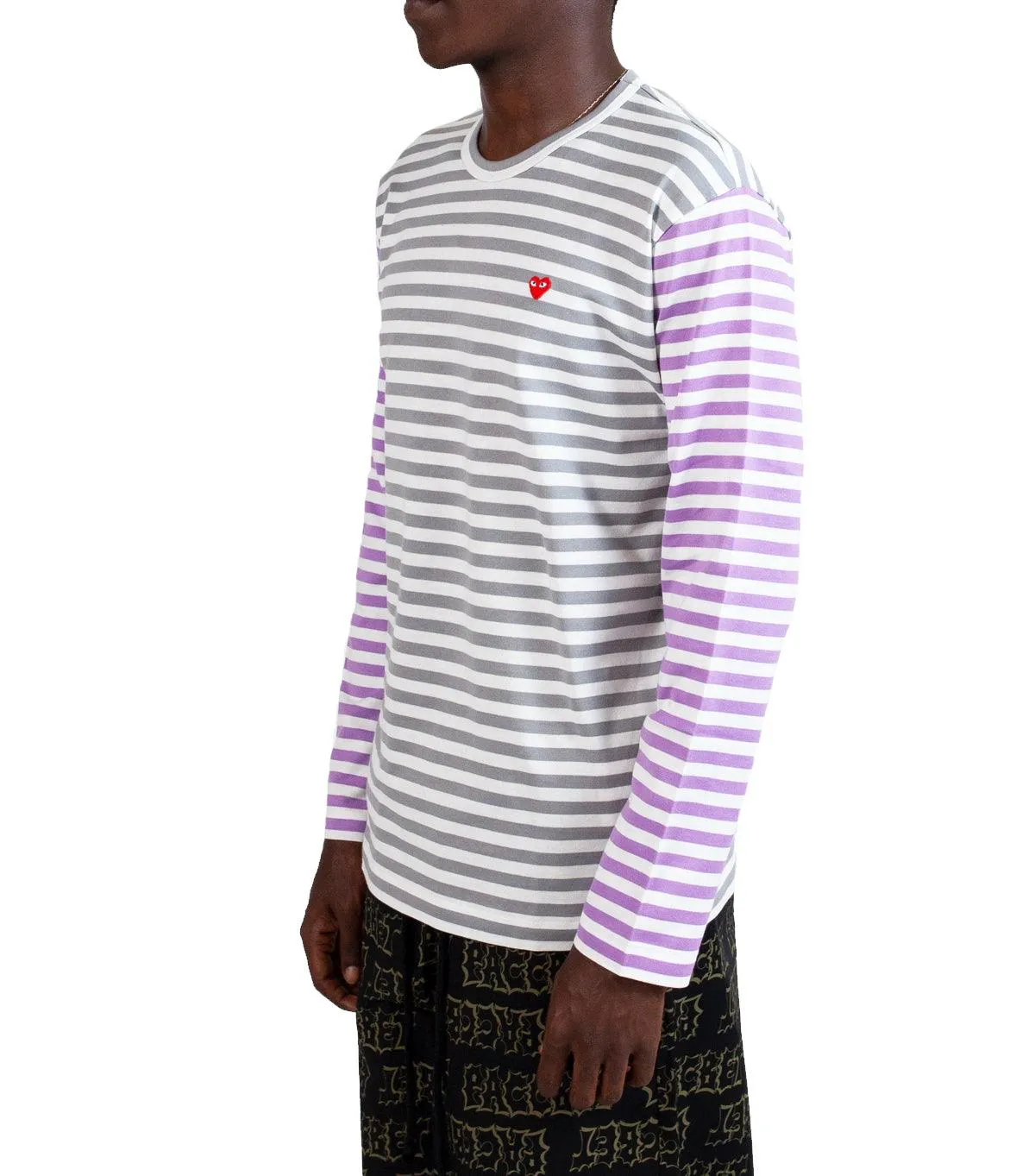LightweightWeave DoubleLayeredHem CdG PLAY Bi-Color Striped Long Sleeve T-Shirt Grey