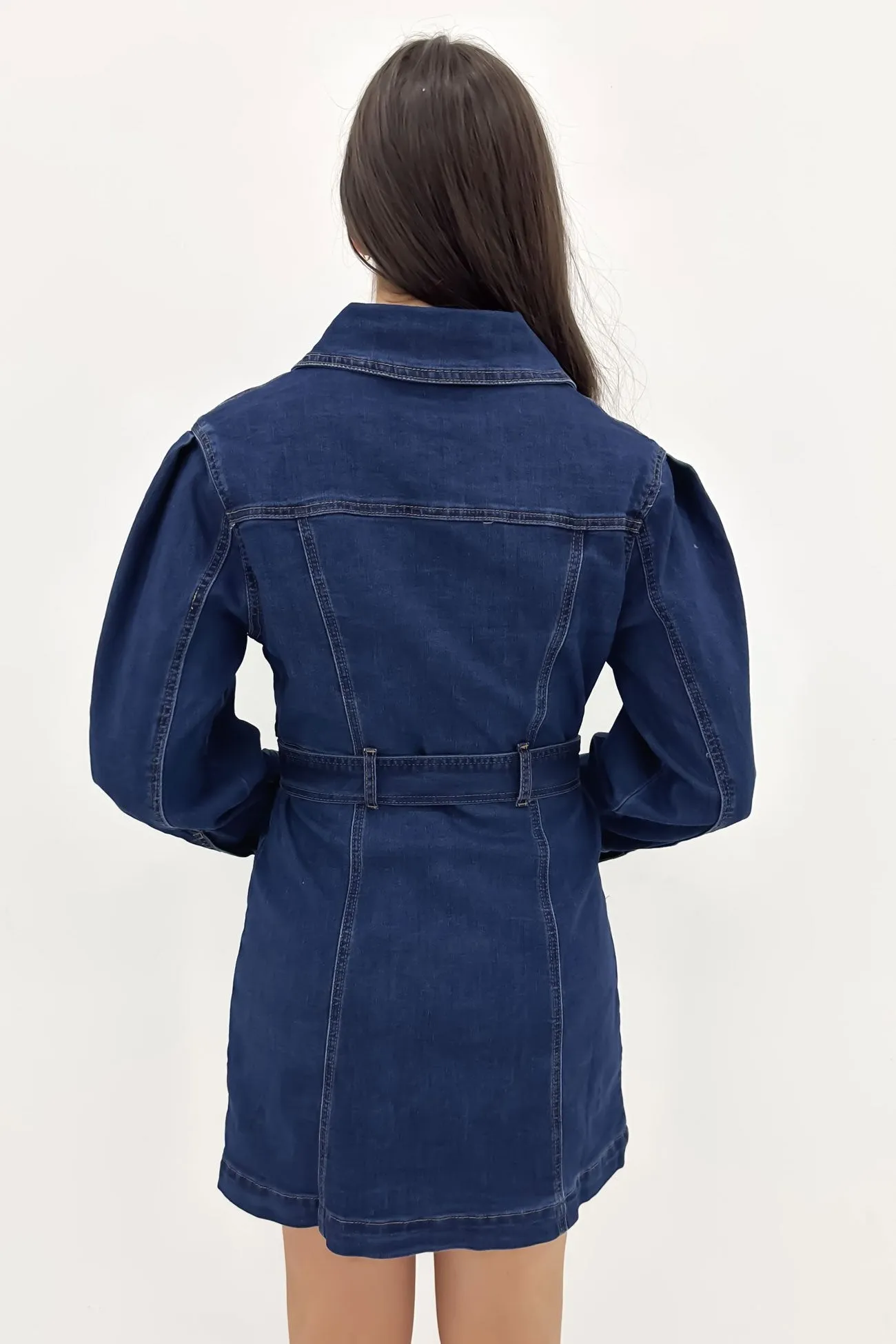 Jaydence Denim Mini Dress Indigo Gathered Skirt Saturated Hue