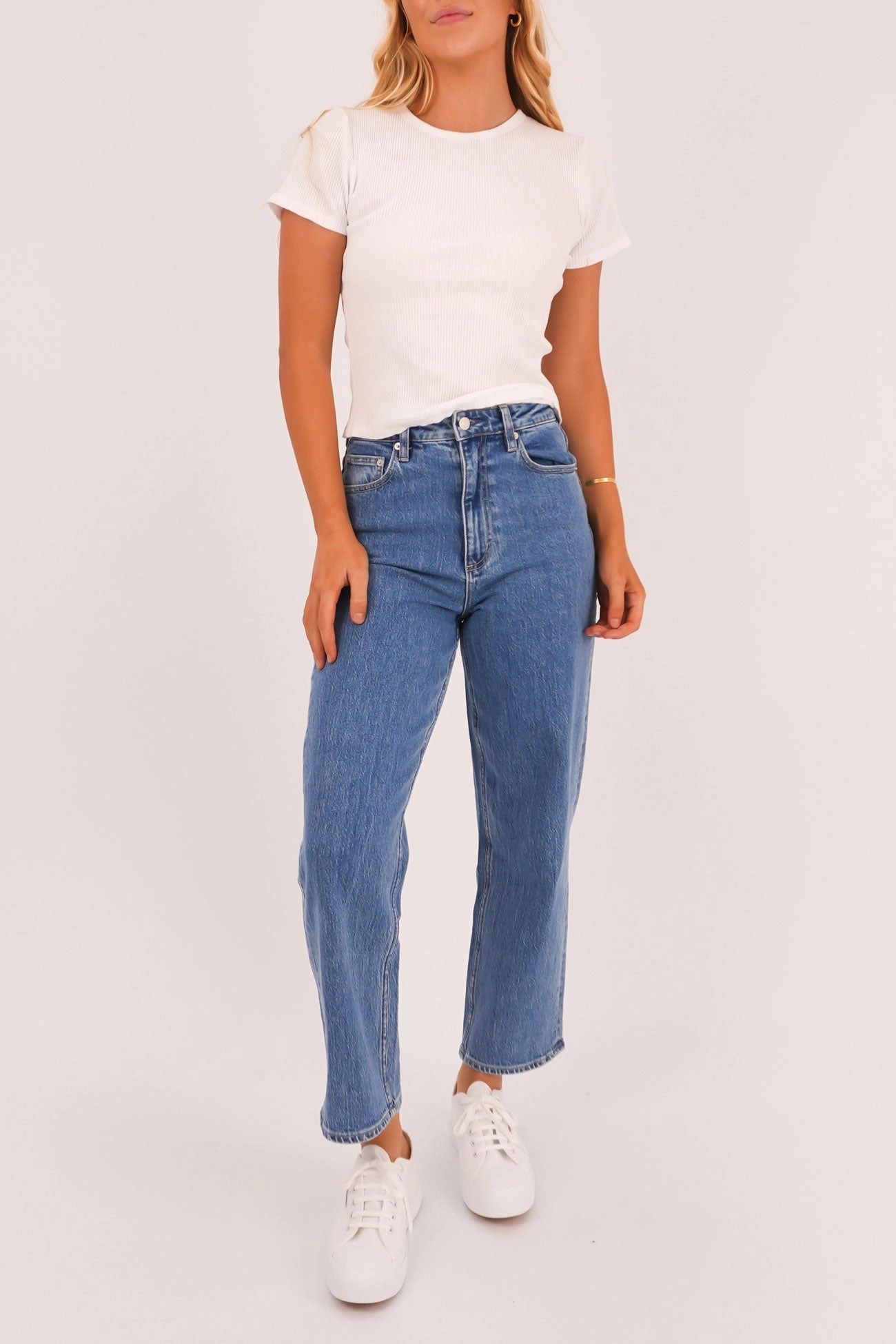Streetwear Fan Minimalist Style High Straight Crop Jean Cobalt Blue