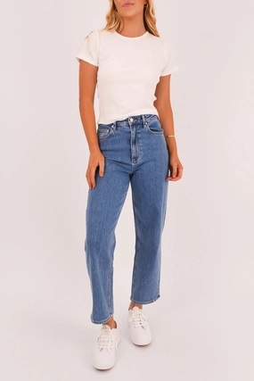 Streetwear Fan Minimalist Style High Straight Crop Jean Cobalt Blue