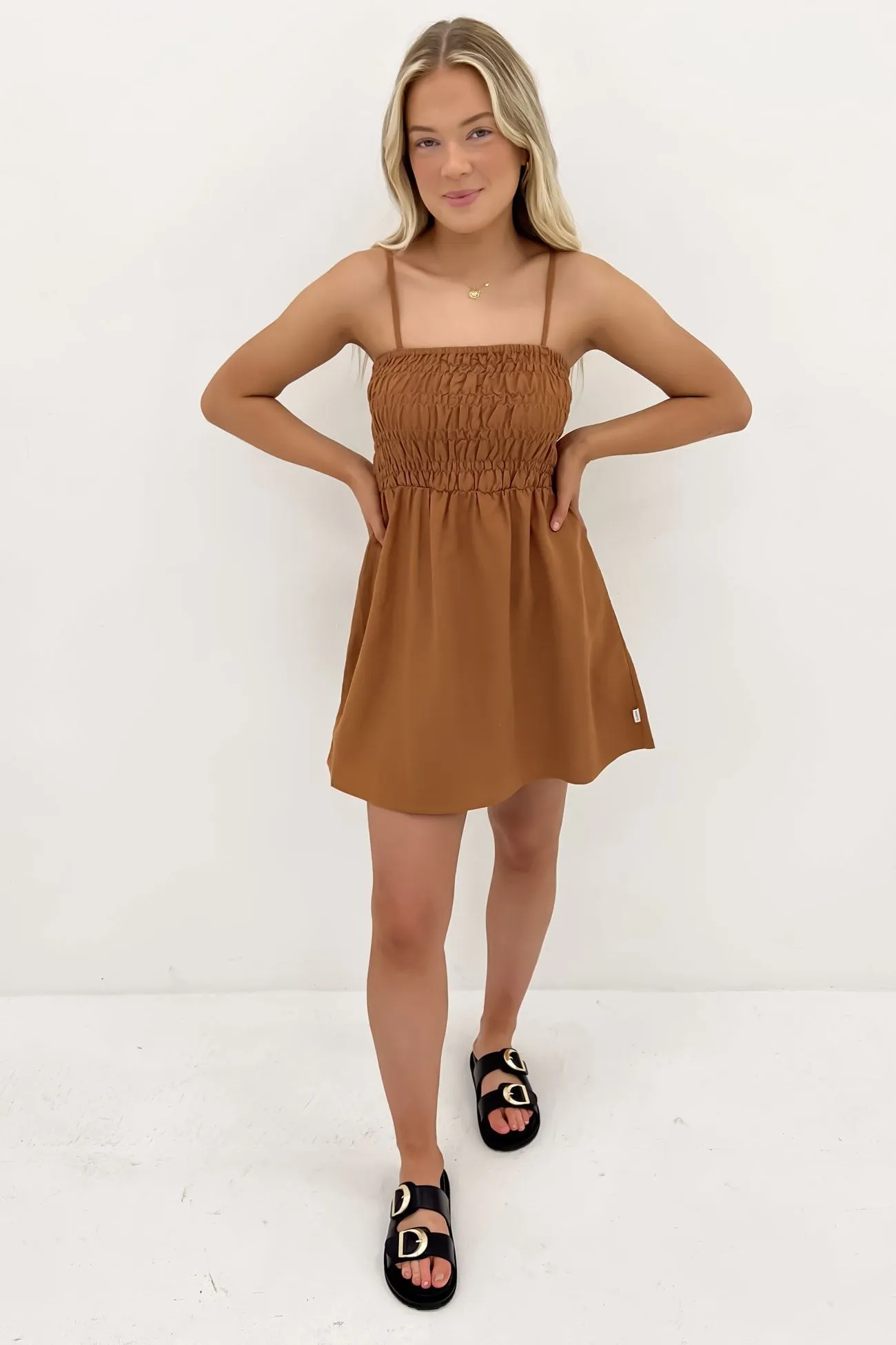 Classic Shirred Mini Dress Caramel Smooth Design