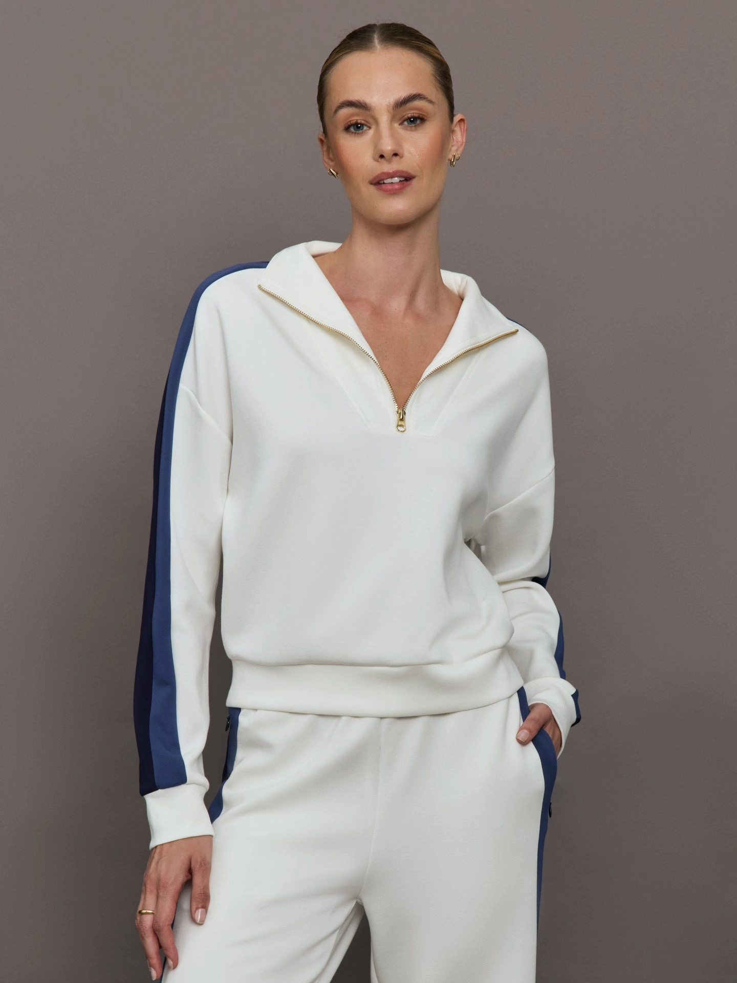 Half Zip With Contrast Stripe in Scuba - Ivory Layered Neckline