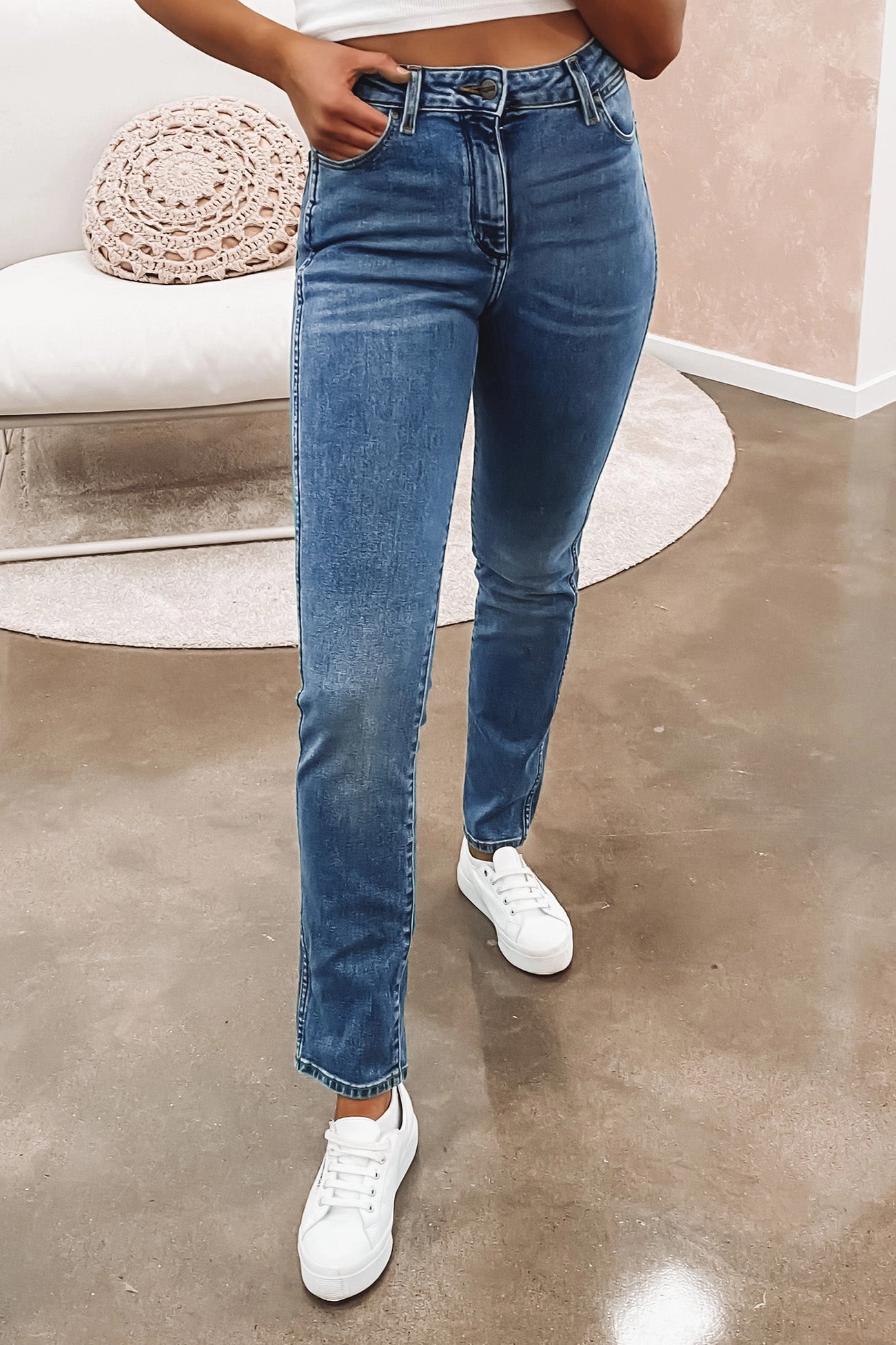 Low Impact Manufacturing Classics Mid Waist Straight Jean Mid Stone Indigo