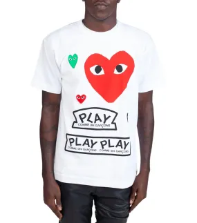 CdG PLAY White Multi Logo T-Shirt Red Heart Gentle Power AntiPilling Finish