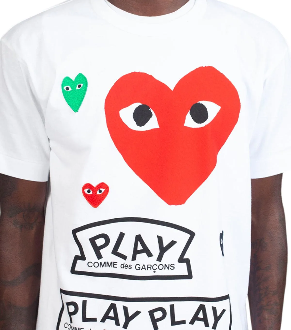 CdG PLAY White Multi Logo T-Shirt Red Heart AbrasionResistant Material