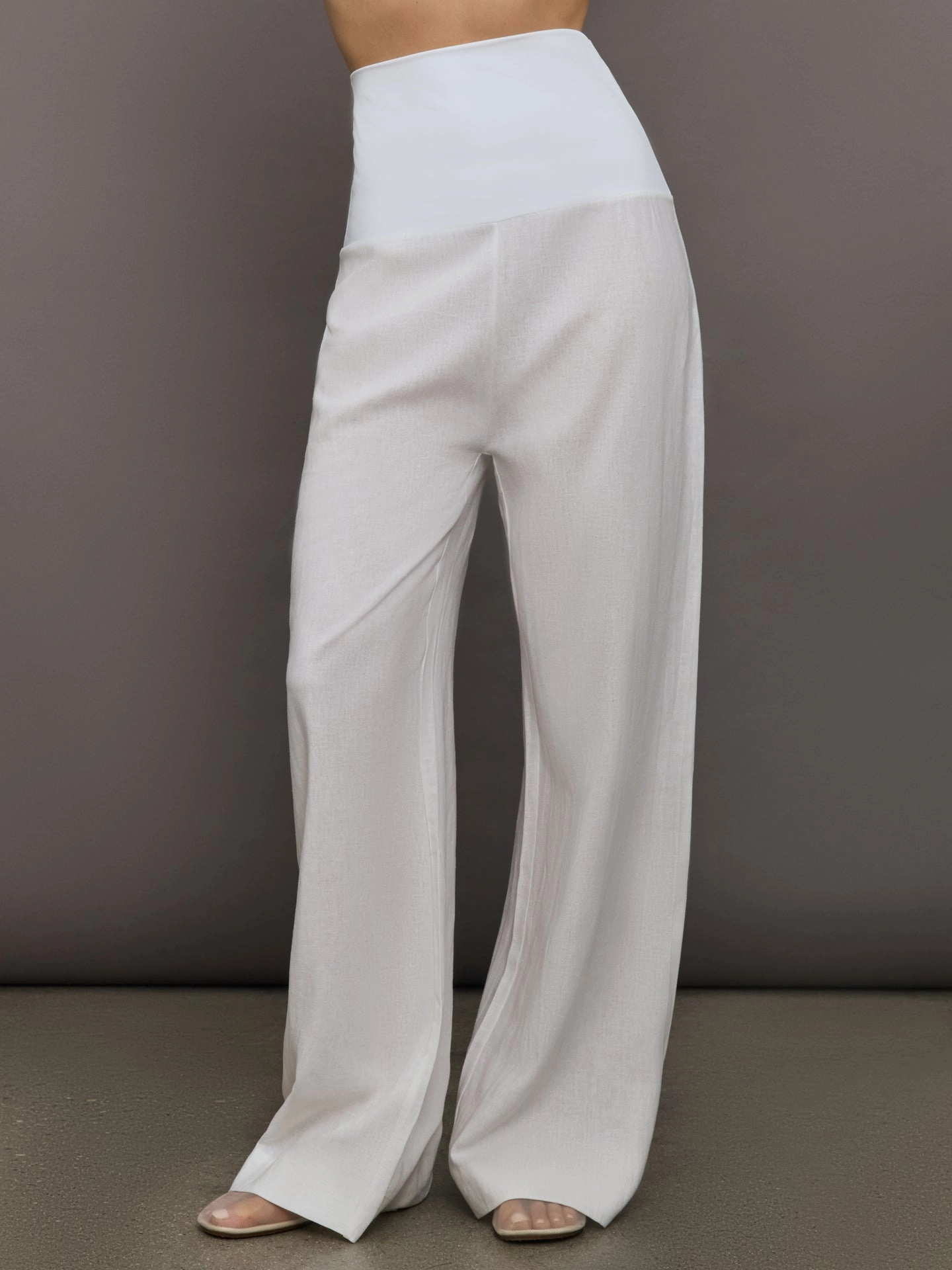 Fold Waist Linen & Melt Wide Leg Pant - White Flexible Elastic Seams