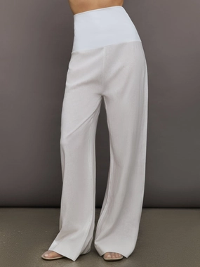 Fold Waist Linen & Melt Wide Leg Pant - White Easy Care Fabric
