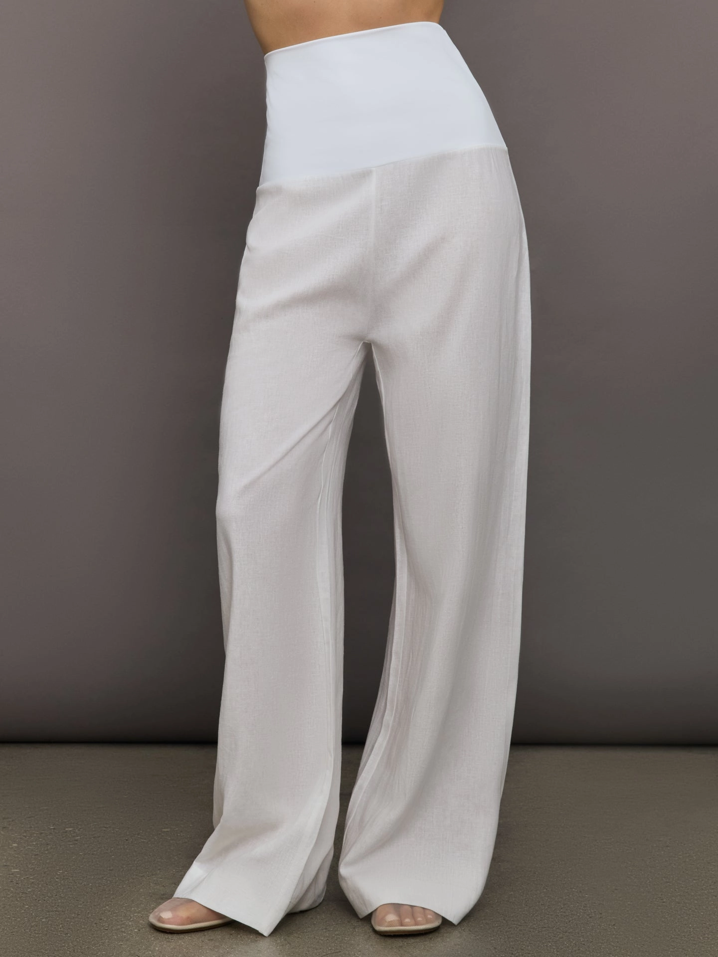 Fold Waist Linen & Melt Wide Leg Pant - White Compact Knit