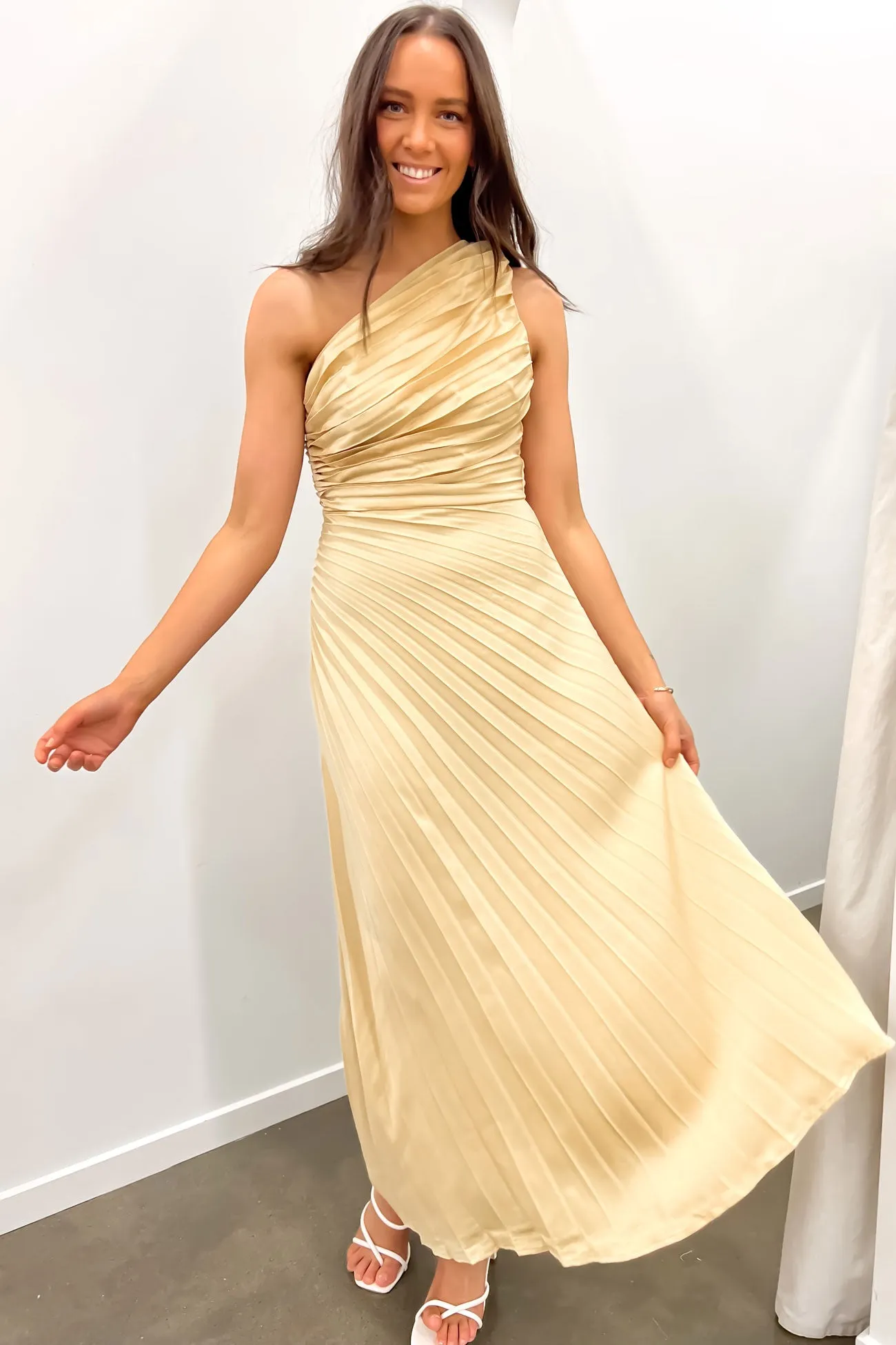 Caralee Midi Dress Gold Feminine Cut Grab Now