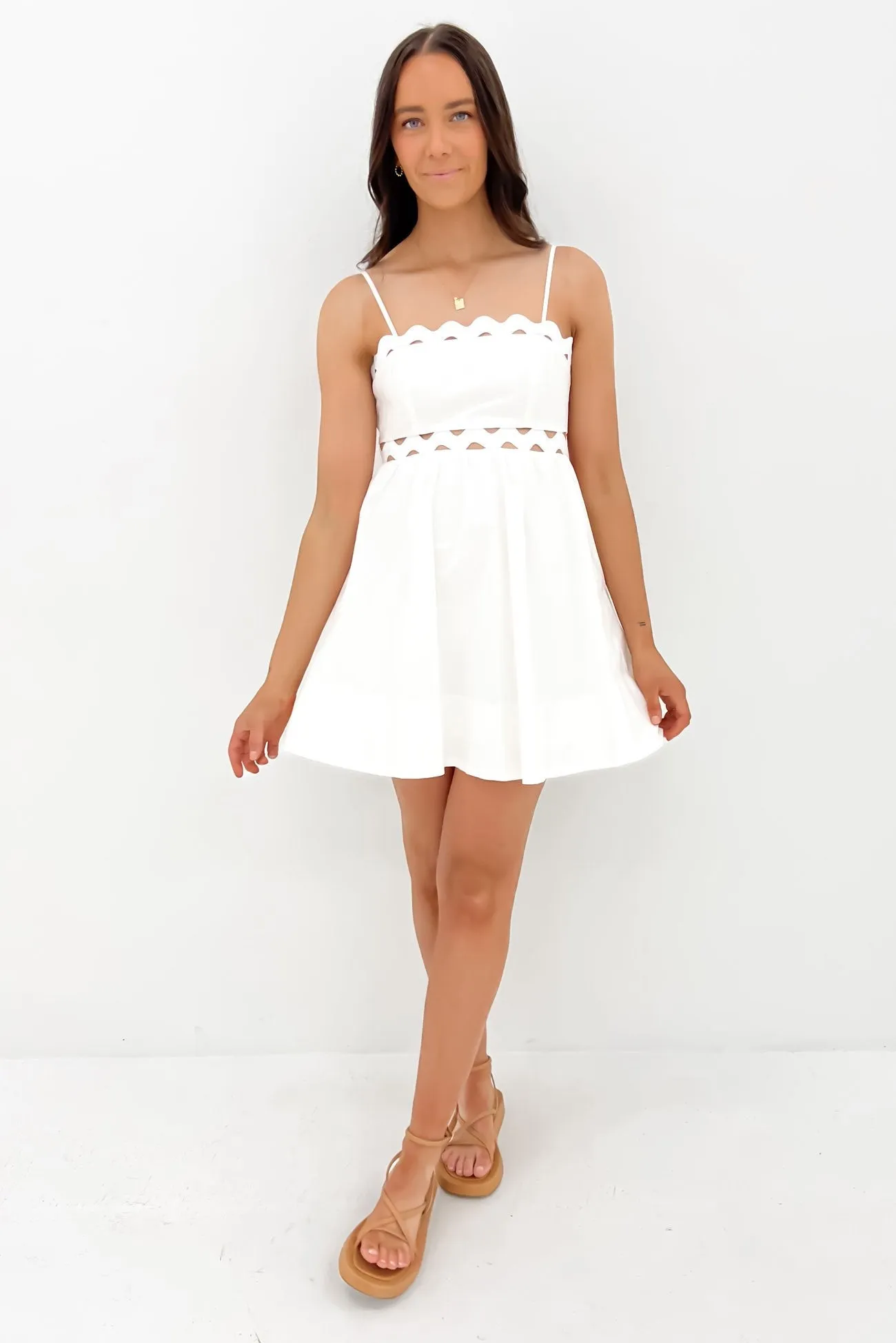 Indigo Mini Dress White Gathered Skirt Sleek Style