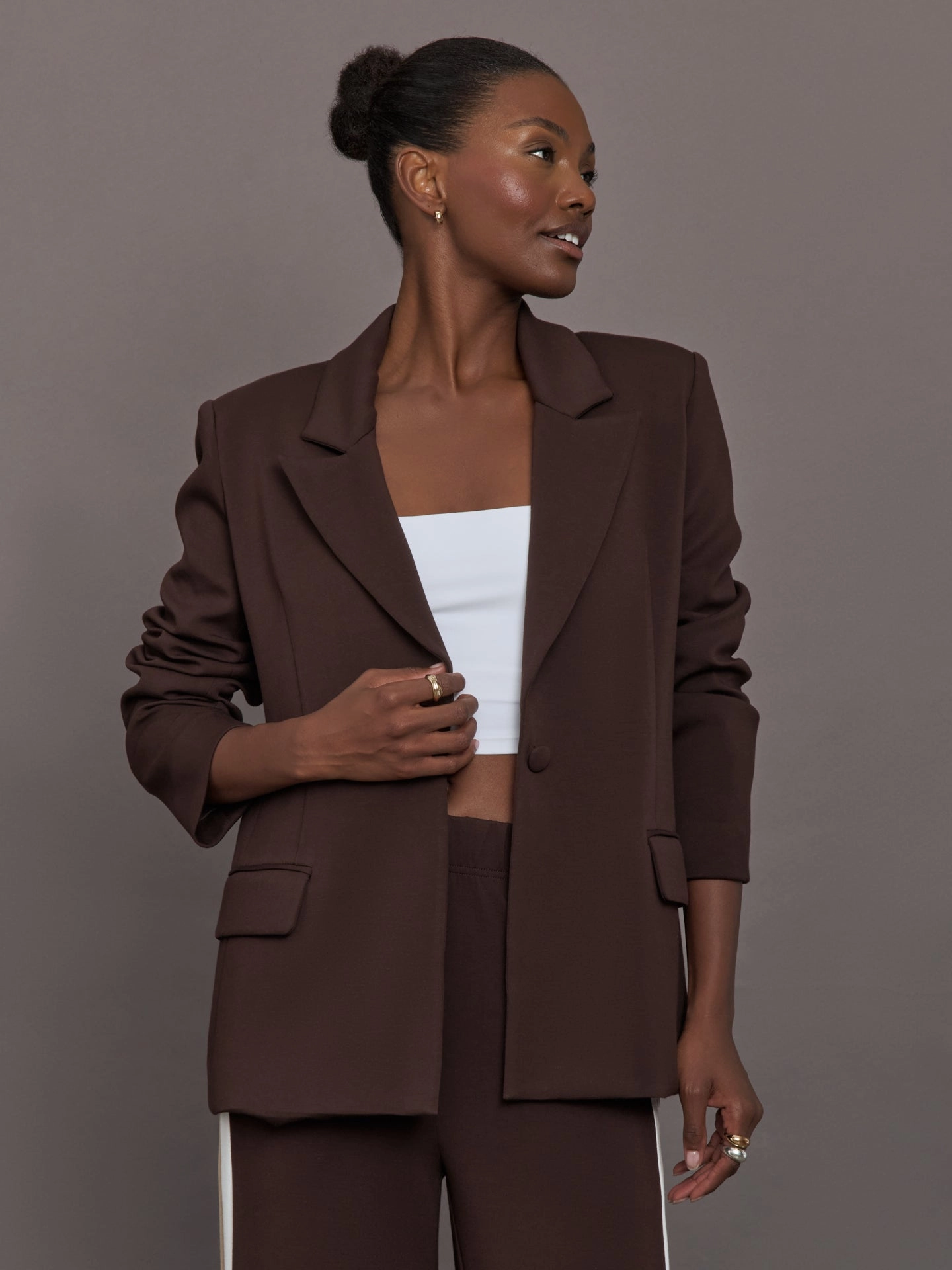 Reinforced Knee Panels Single Breasted Blazer in Scuba - Chocolate Torte