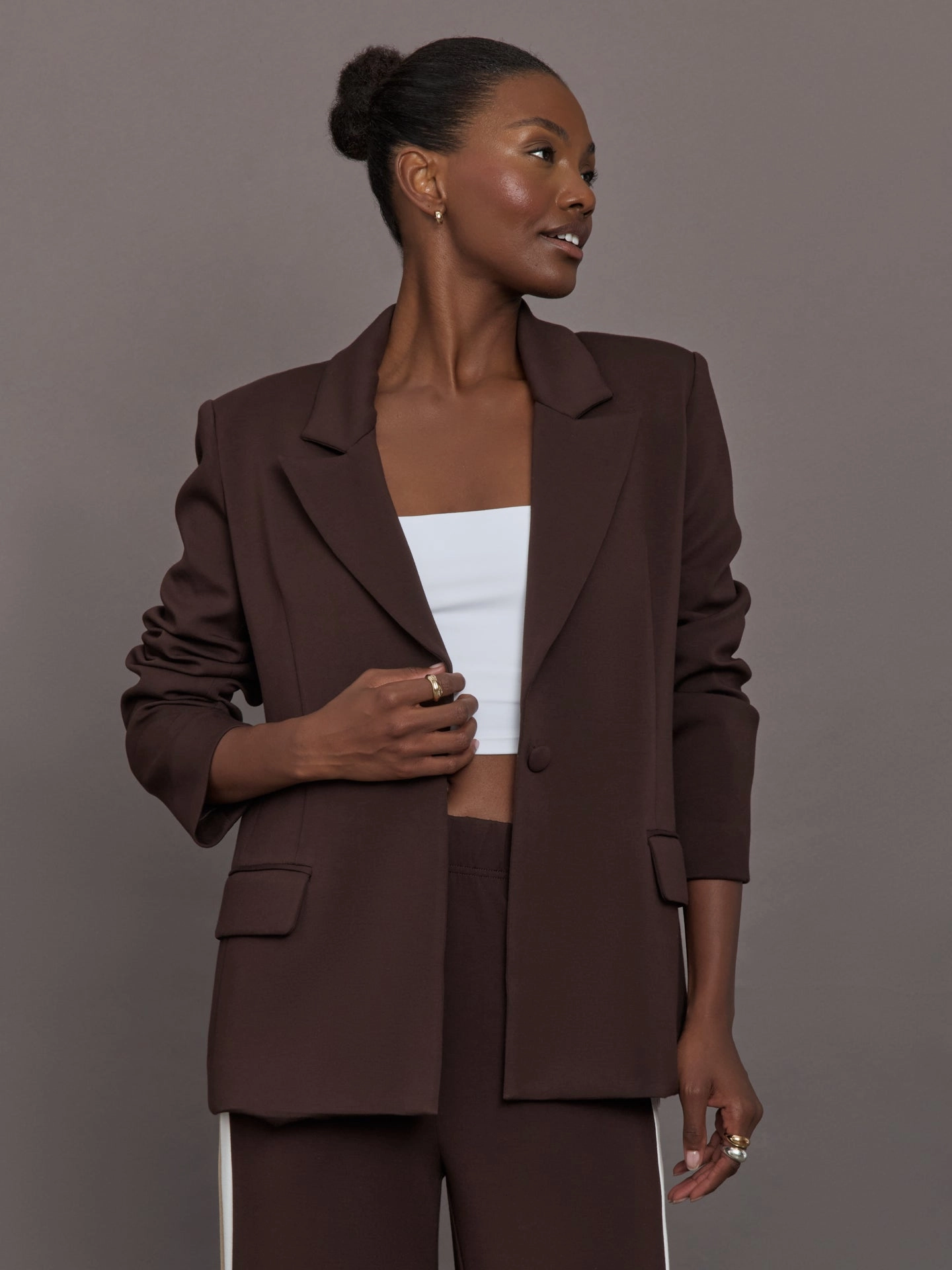 Single Breasted Blazer in Scuba - Chocolate Torte Wide Collar DoubleLayered Knee Patch