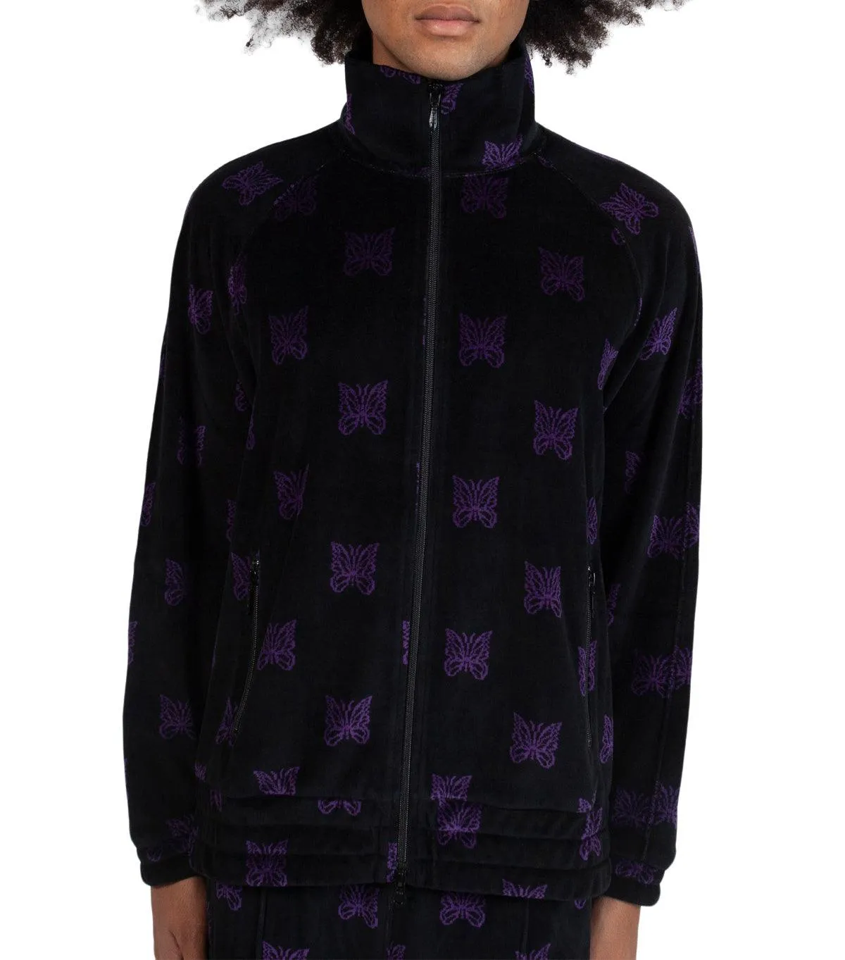Needles Papillon Velour Track Jacket Black Purple wrinkle free