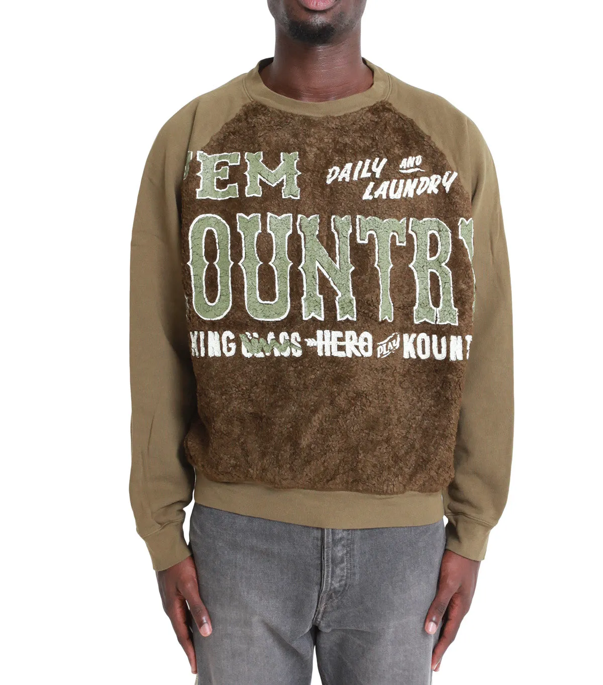 Clean Fit TaglessLabel Kapital 30/-Swt Knit X Fur Grizzly Sweatshirt ('Em Kountry) Khaki