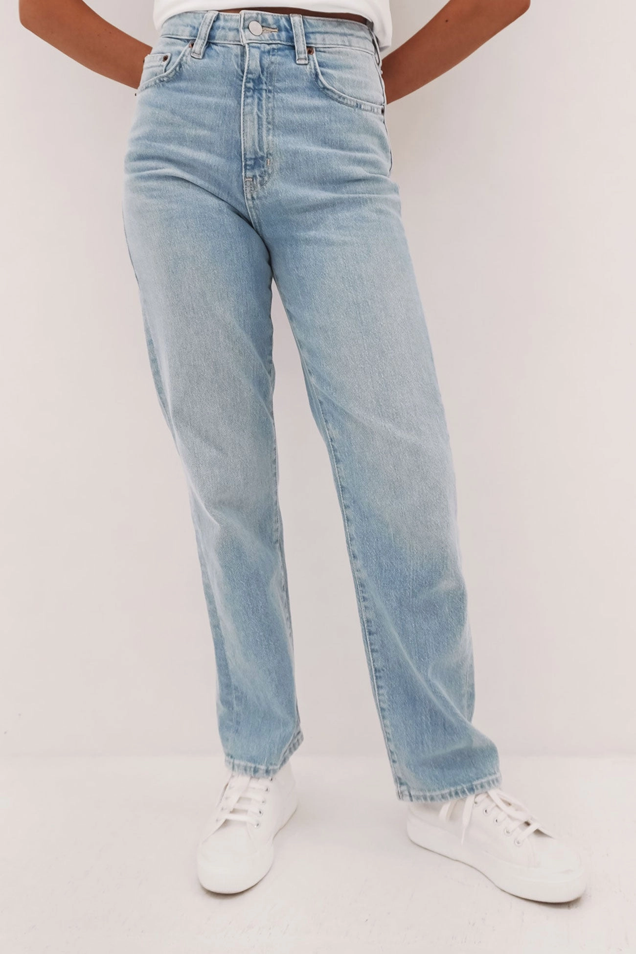 Breathable Work Meeting Relaxed Style Fresh Look Hi Straight Jean Faded Blue