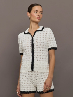 Reinforced Knee Panels Crochet Button Front Top - White/Black