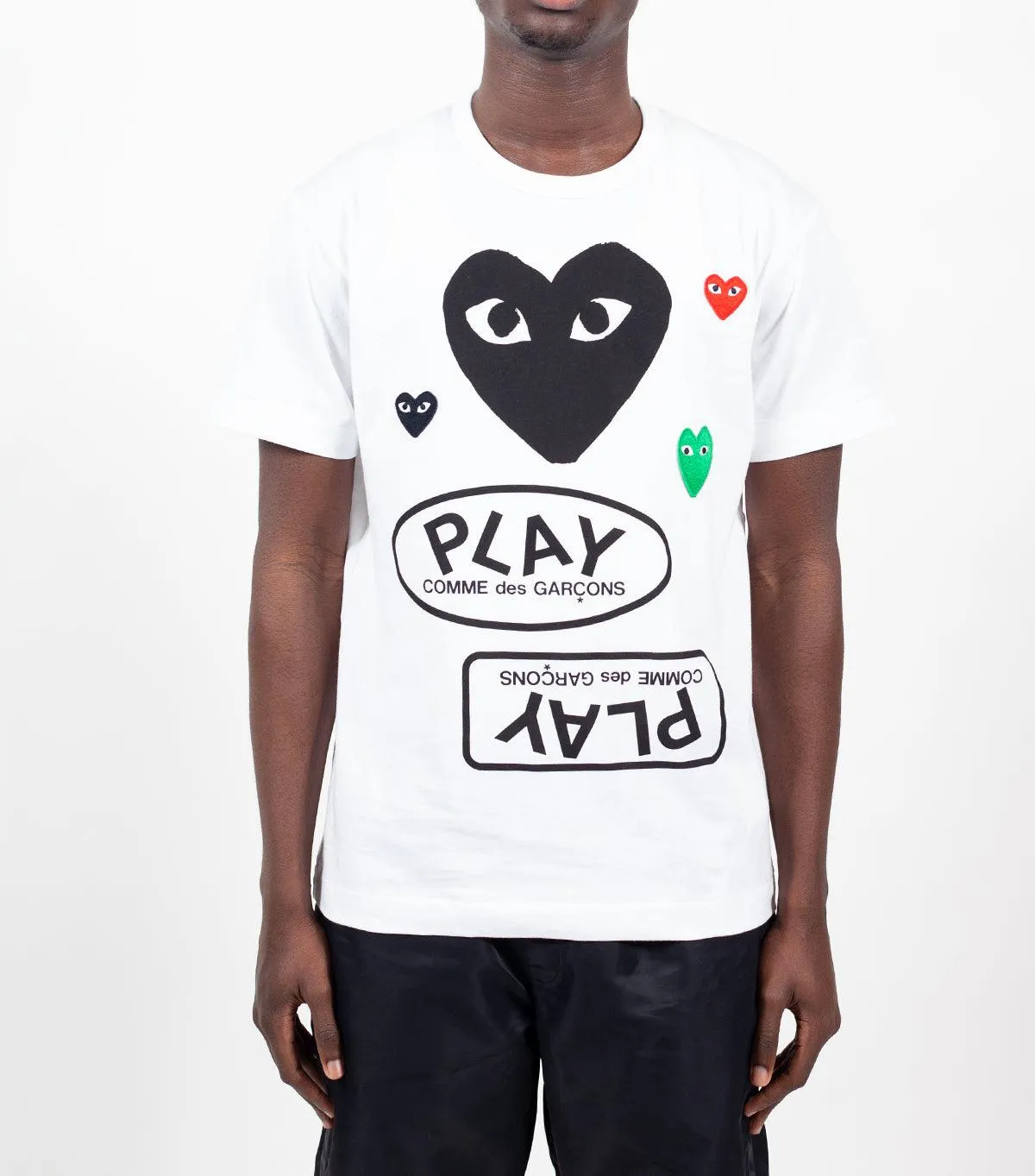 CdG PLAY White Multi Logo T-Shirt Black Heart Training Fit