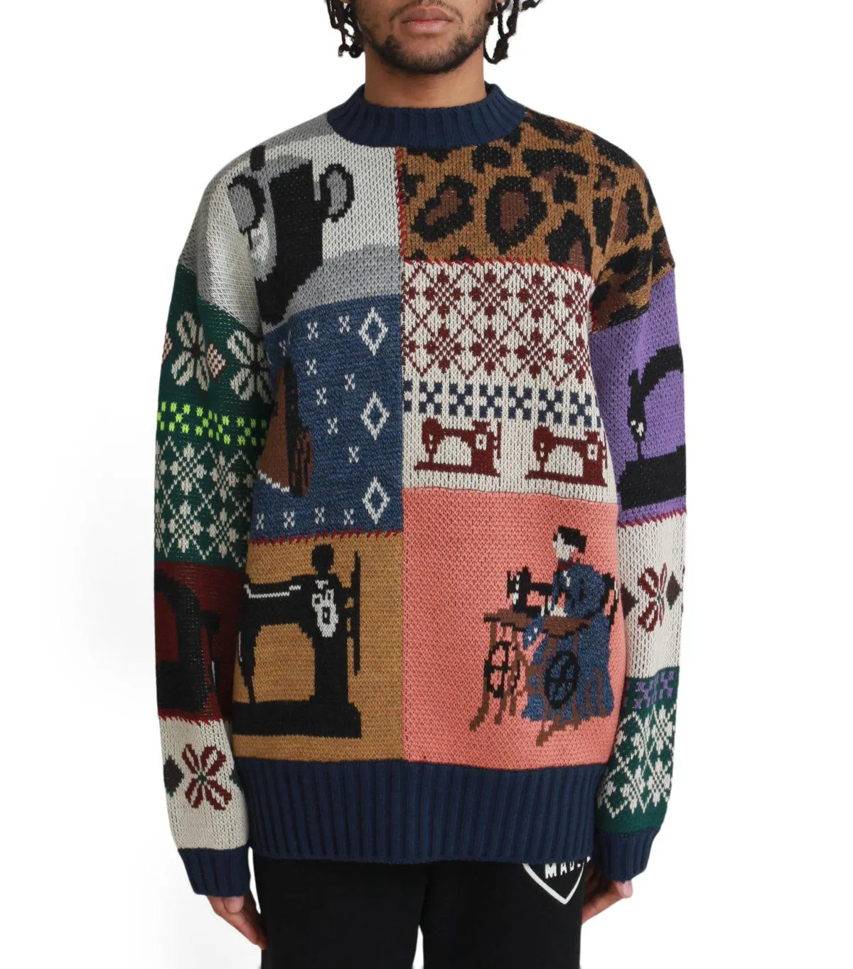 Kapital 5G Wool Kurogane Mishin Patchwork Crew Sweater Navy Office Mood QuickDryMaterial