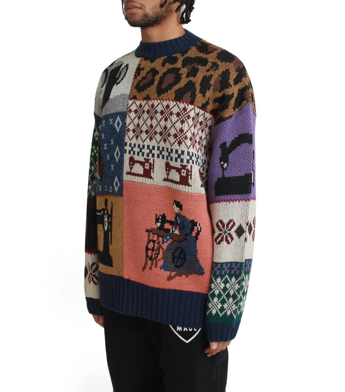 Kapital 5G Wool Kurogane Mishin Patchwork Crew Sweater Navy FlexibleWaistband