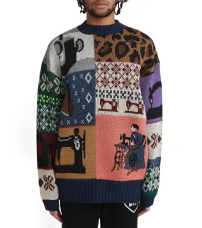 Kapital 5G Wool Kurogane Mishin Patchwork Crew Sweater Navy Office Mood QuickDryMaterial