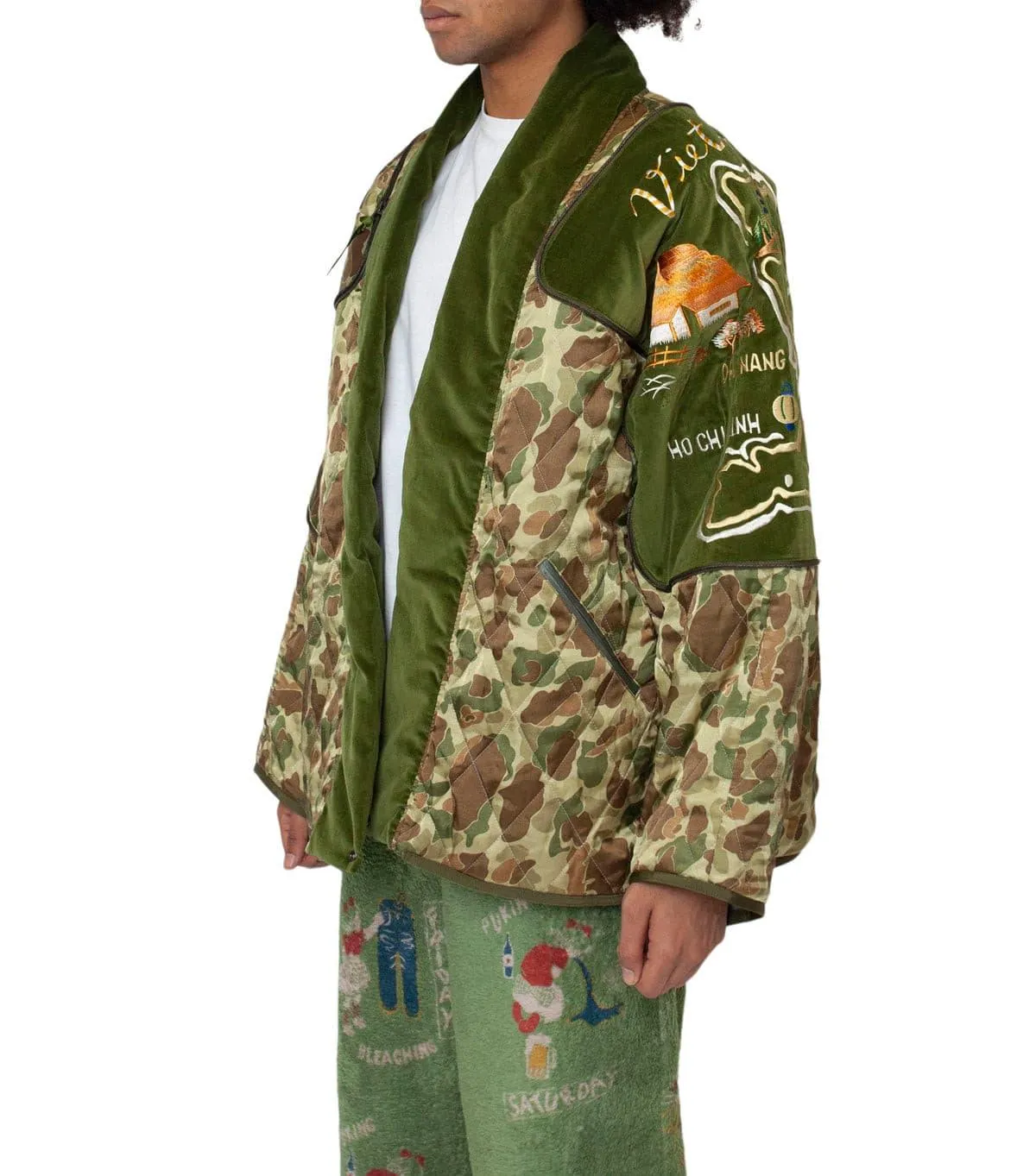 Kapital Rayon Satin Quilting Camo Kesa Sham Bomber Jacket (Beautiful Vietnam) Khaki Light Flow
