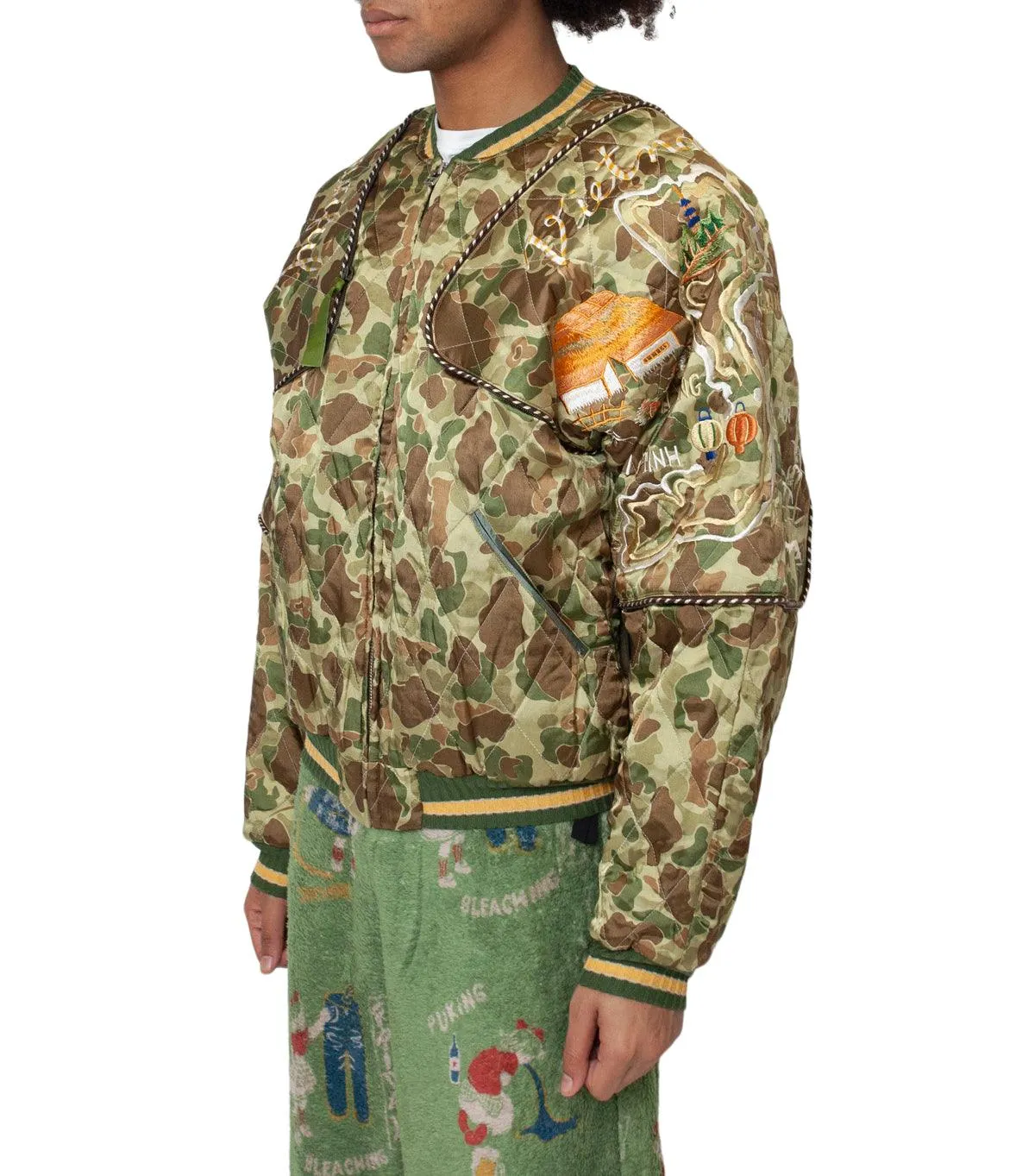 FlatlockStitching Kapital Rayon Satin Quilting Camo Sham Bomber Jacket (Beautiful Vietnam) Khaki