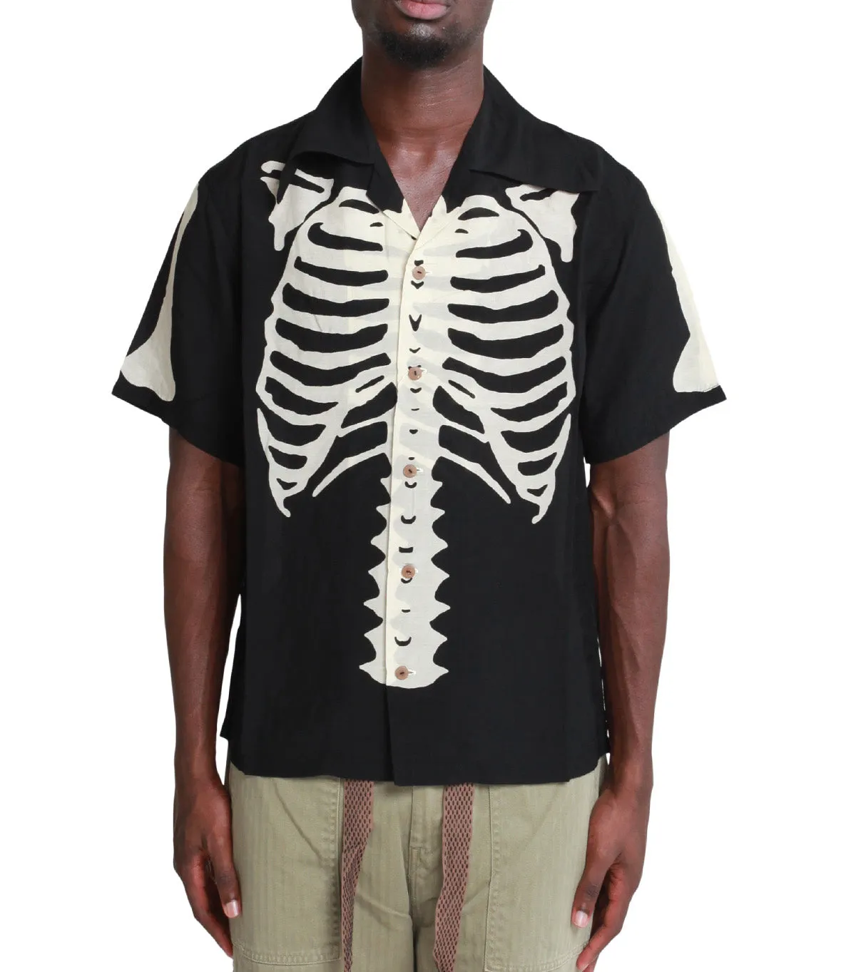 Sun Beam Kapital Silk Rayon Bone Wrangle Collar Aloha Shirt Black