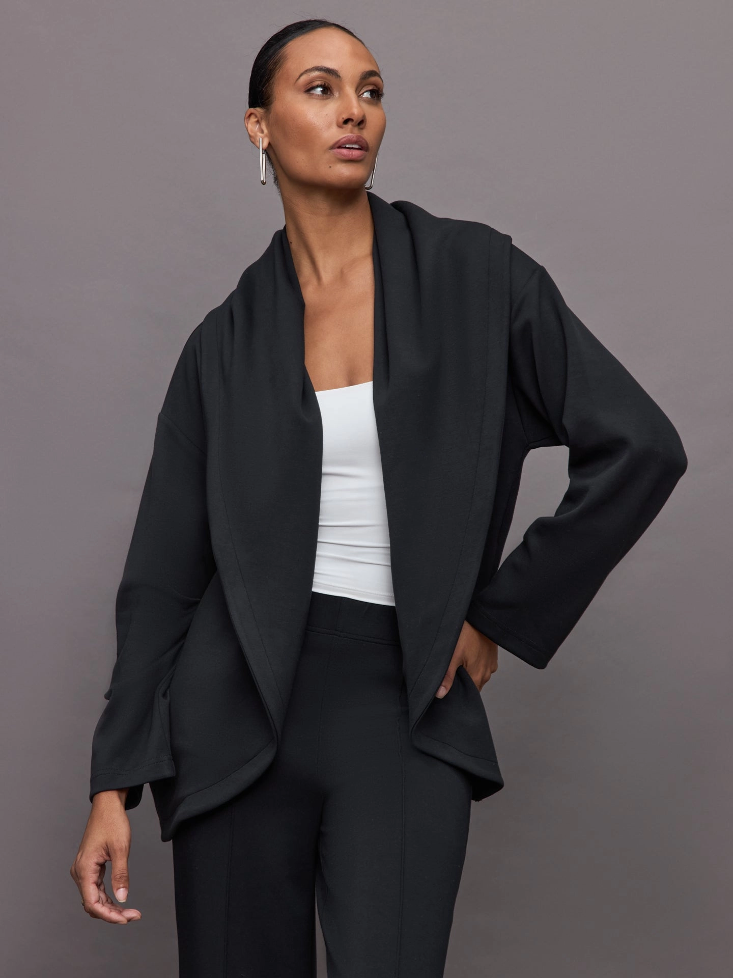 Knit Cocoon Cardigan in Interlock - Black Multi Directional Stretch Double Stitched Seams