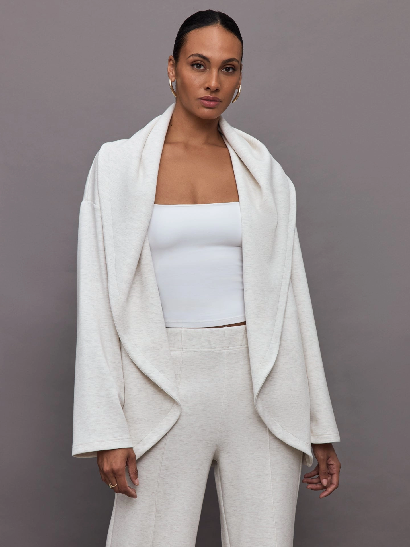 Adjustable drawstring Knit Cocoon Cardigan in Interlock - Moonbeam Heather