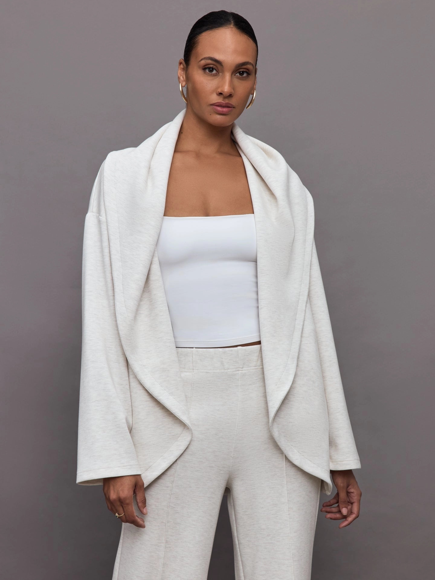 Knit Cocoon Cardigan in Interlock - Moonbeam Heather Odor Resistant Tech QuickDry Material