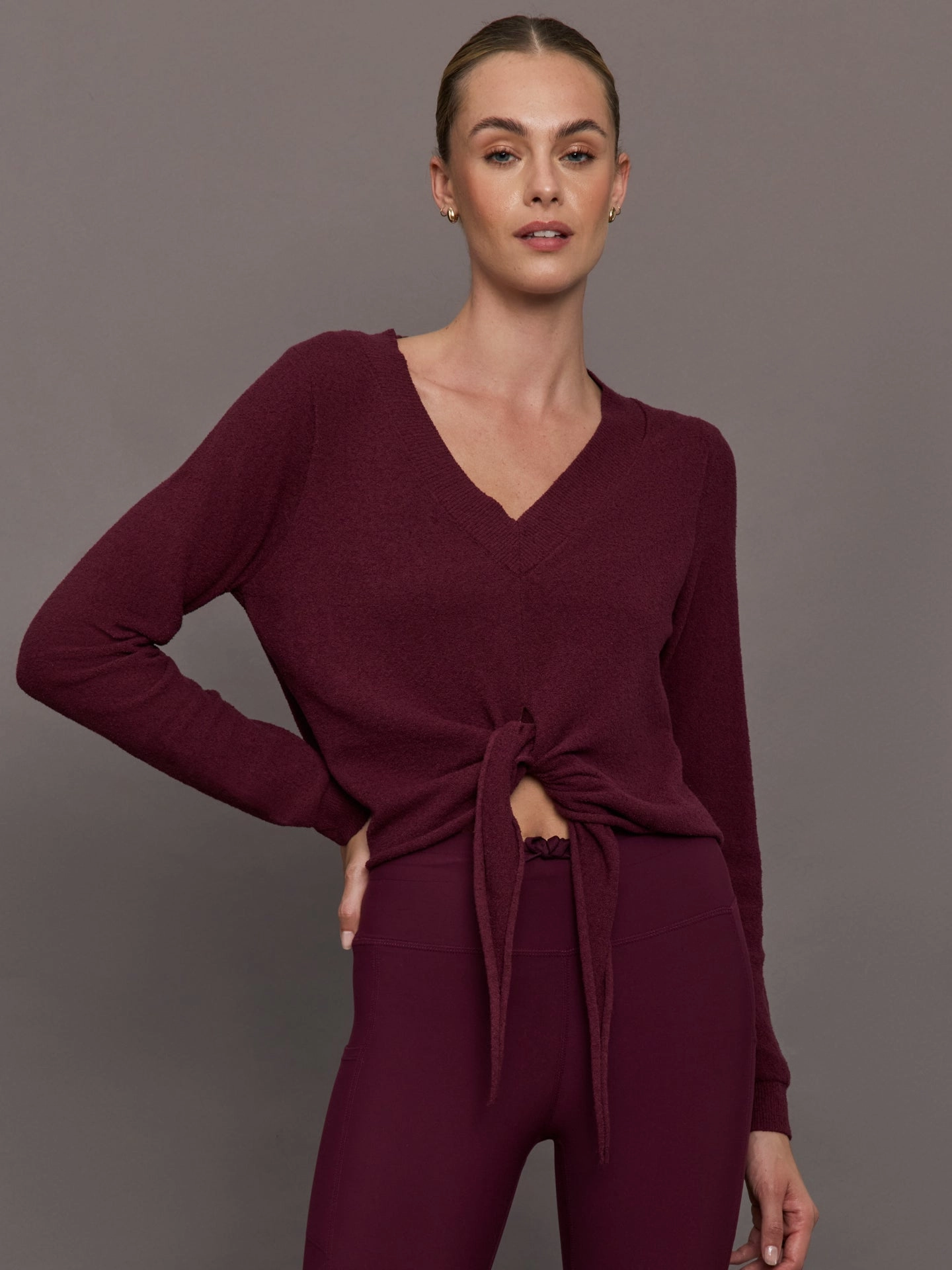 Knot Front Sweater - Fig Pocket Placement