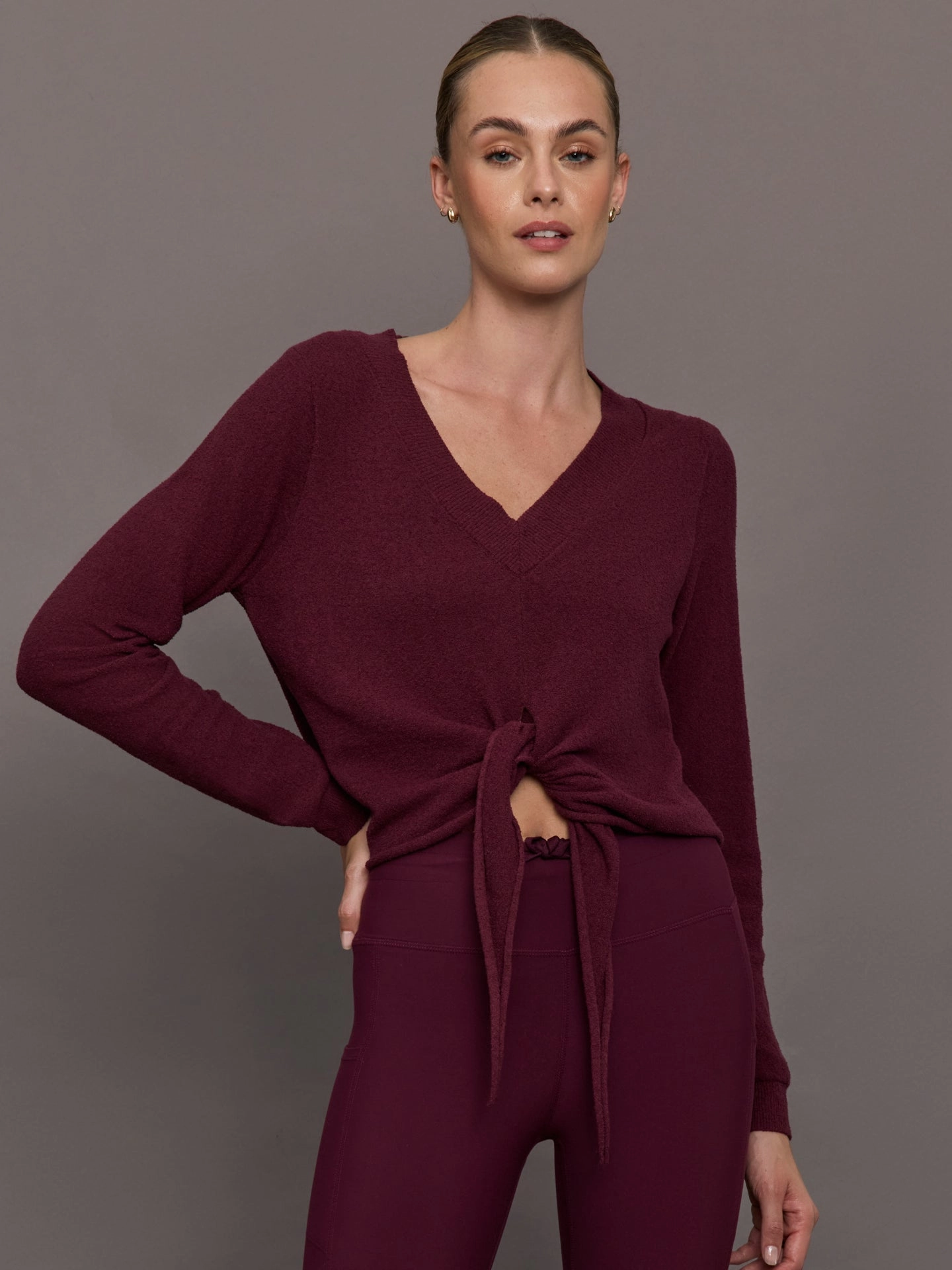 Comfort waistband Wide Leg Cut Knot Front Sweater - Fig