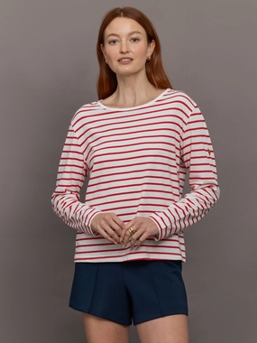 Oversized Silhouette Long Sleeve Striped Tee - White/Red