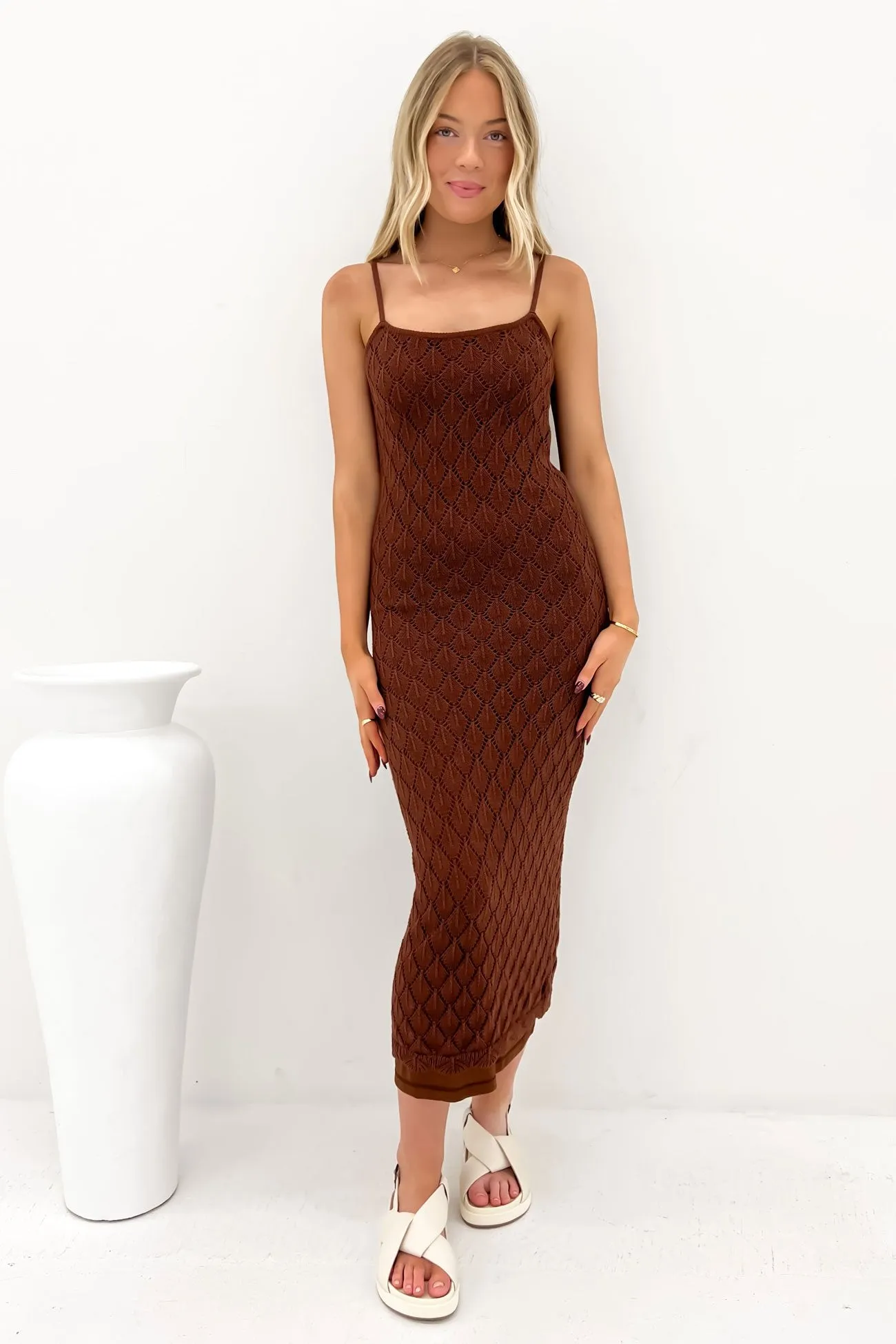 Back-Zip Smart Texture Hunter Maxi Dress Brown