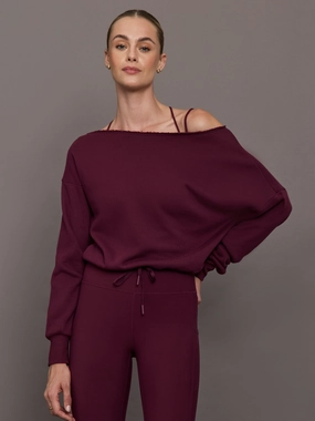 Off Shoulder Sweatshirt in French Terry - Fig Hidden Stretch Panel Tear Resistant Material