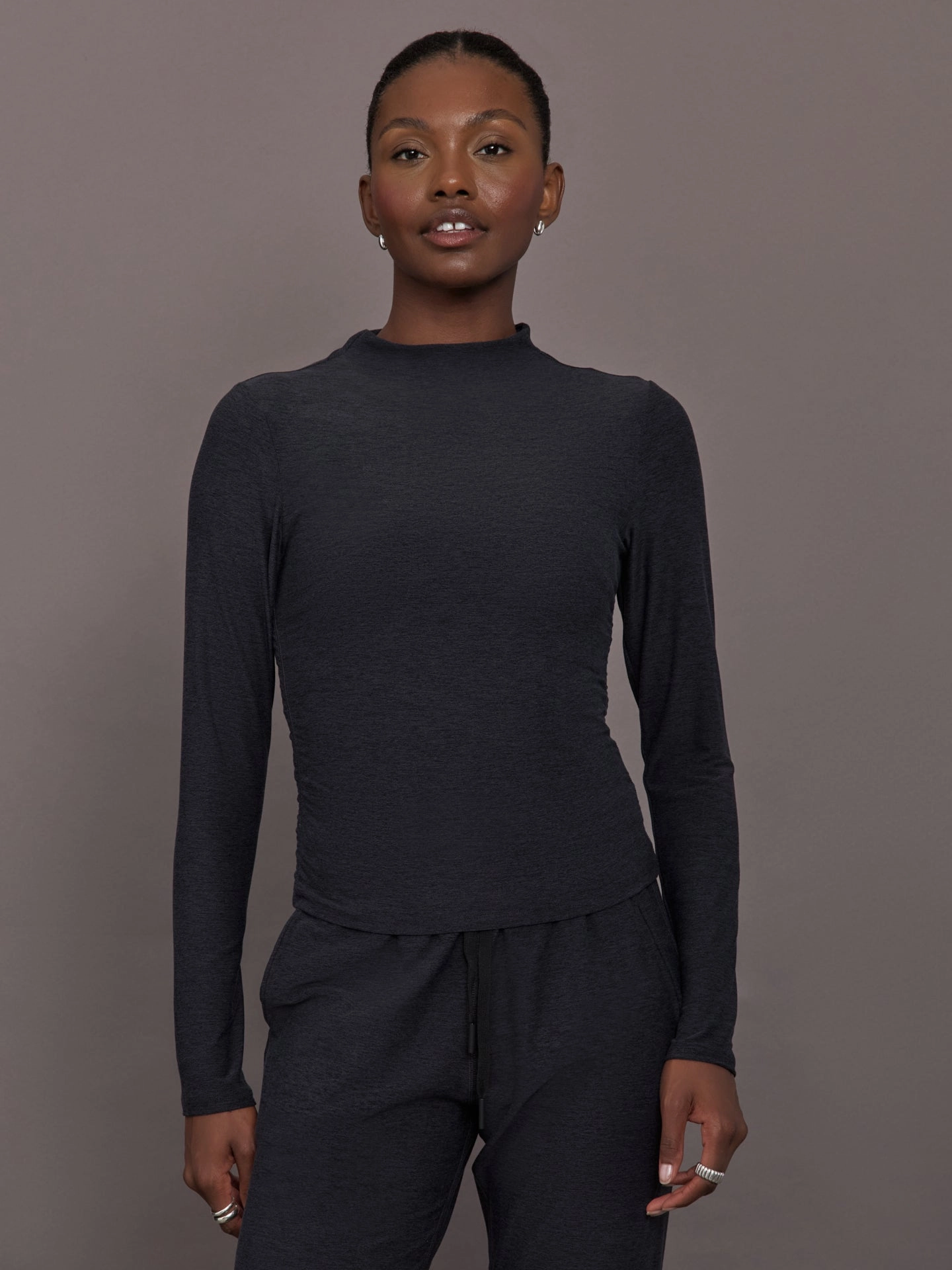 Mock Neck Long Sleeve in Soft Luxe - Heather Black Non Irritating Seams hypoallergenic material