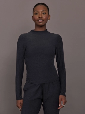 Drop Shoulder Cut Mock Neck Long Sleeve in Soft Luxe - Heather Black