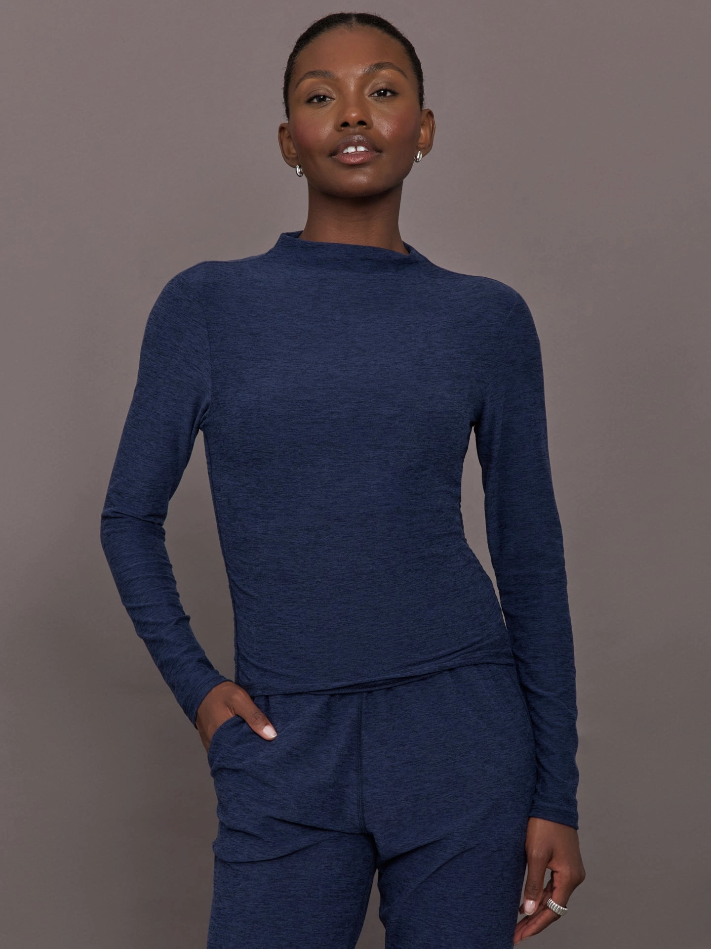 Balanced Compression Mock Neck Long Sleeve in Soft Luxe - Heather Navy Blazer