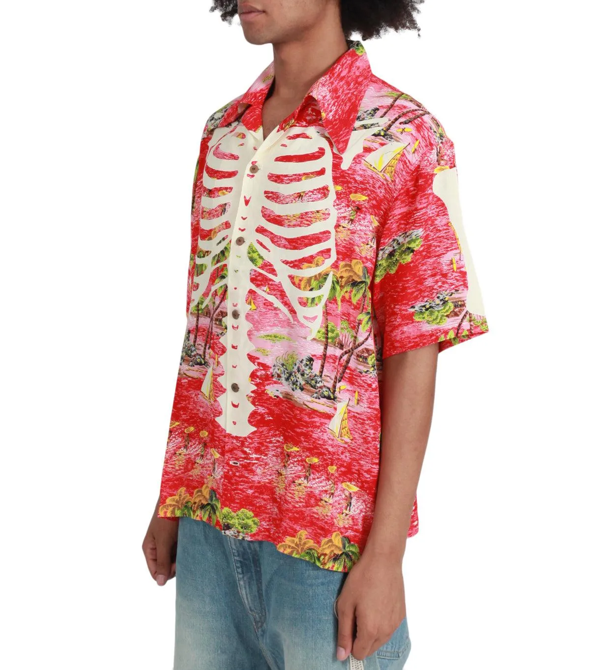Kapital Rayon Kamehameha Bone Wrangle Collar Aloha Red Linen Soul