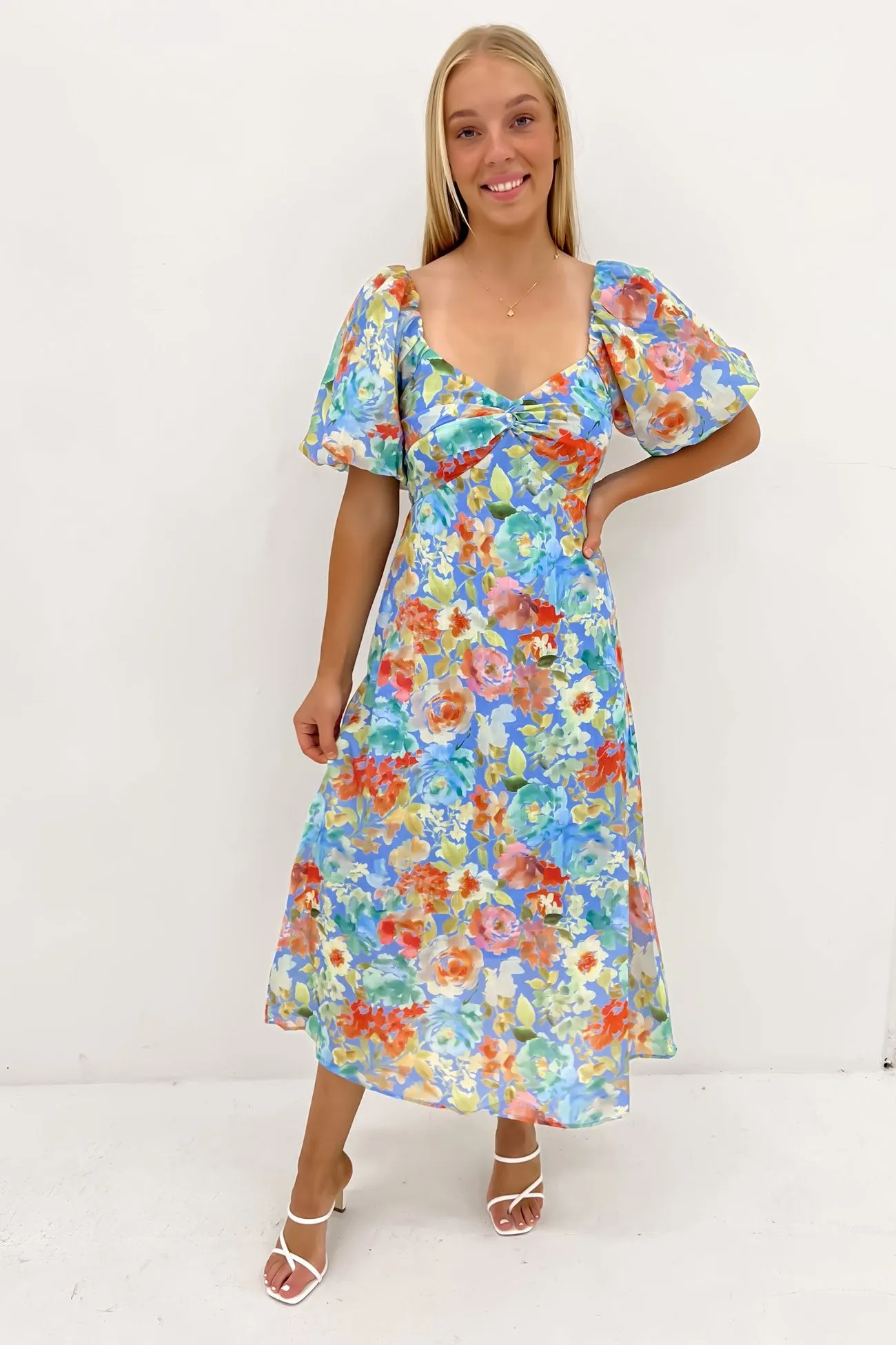Mylah Midi Dress Blue Rose Satin Glow