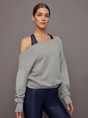 Airflow Optimized Texture Kangaroo Pocket Off Shoulder Sweatshirt in French Terry - Heather Grey